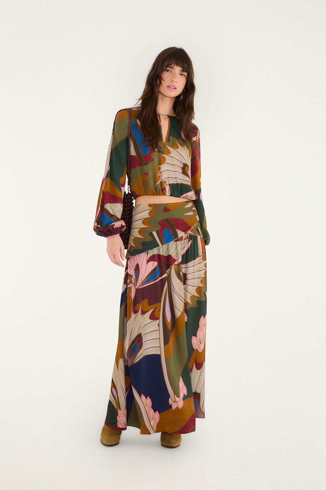 FARM Rio model wearing the Mystical Paradise Maxi Skirt