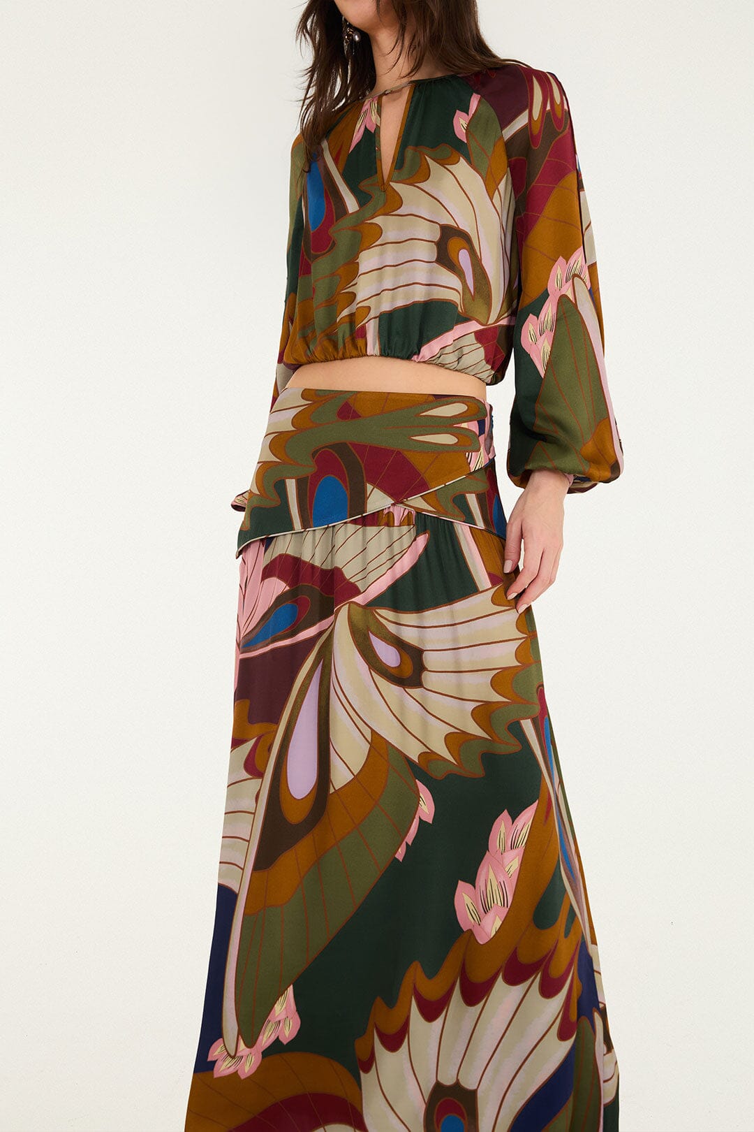 FARM Rio model wearing the Mystical Paradise Maxi Skirt
