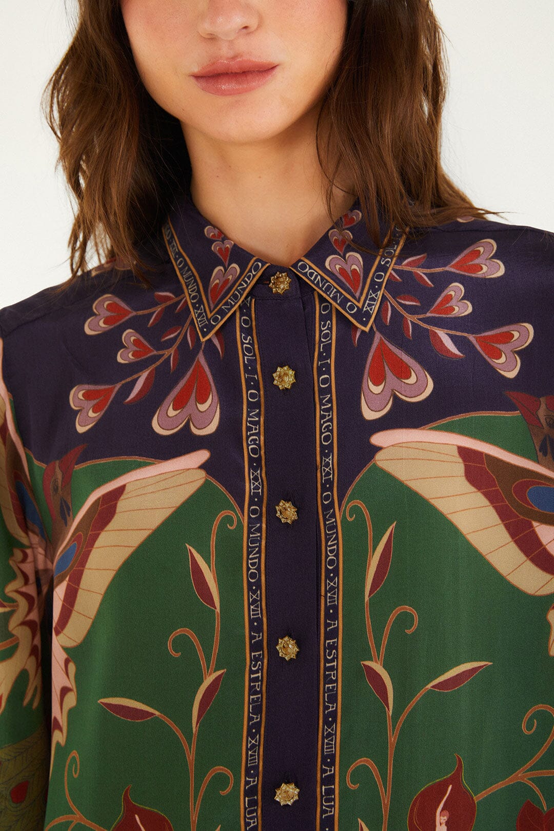 FARM Rio model wearing the Mystical Paradise Pajama Shirt