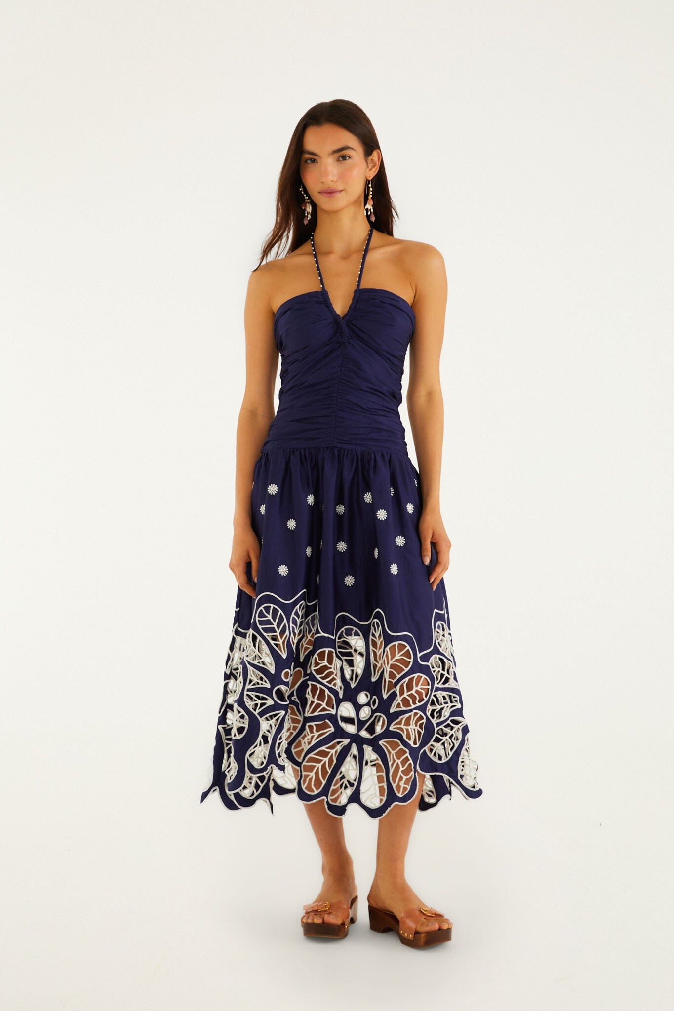 FARM Rio model wearing the Navy Blue Embroidered Richelieu Midi Dress