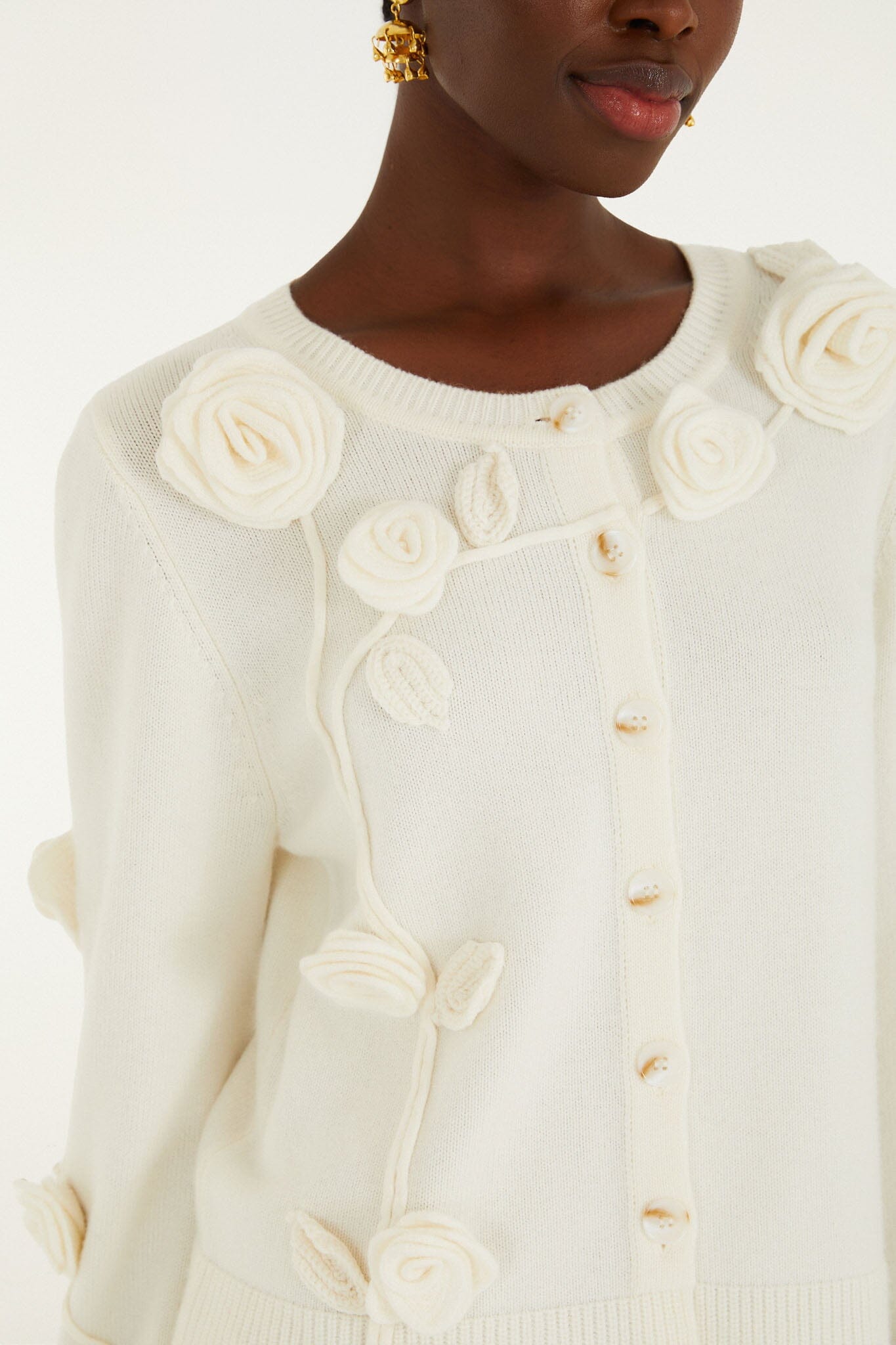 FARM Rio model wearing the Off-White 3d Flower Buttoned Knit Cardigan