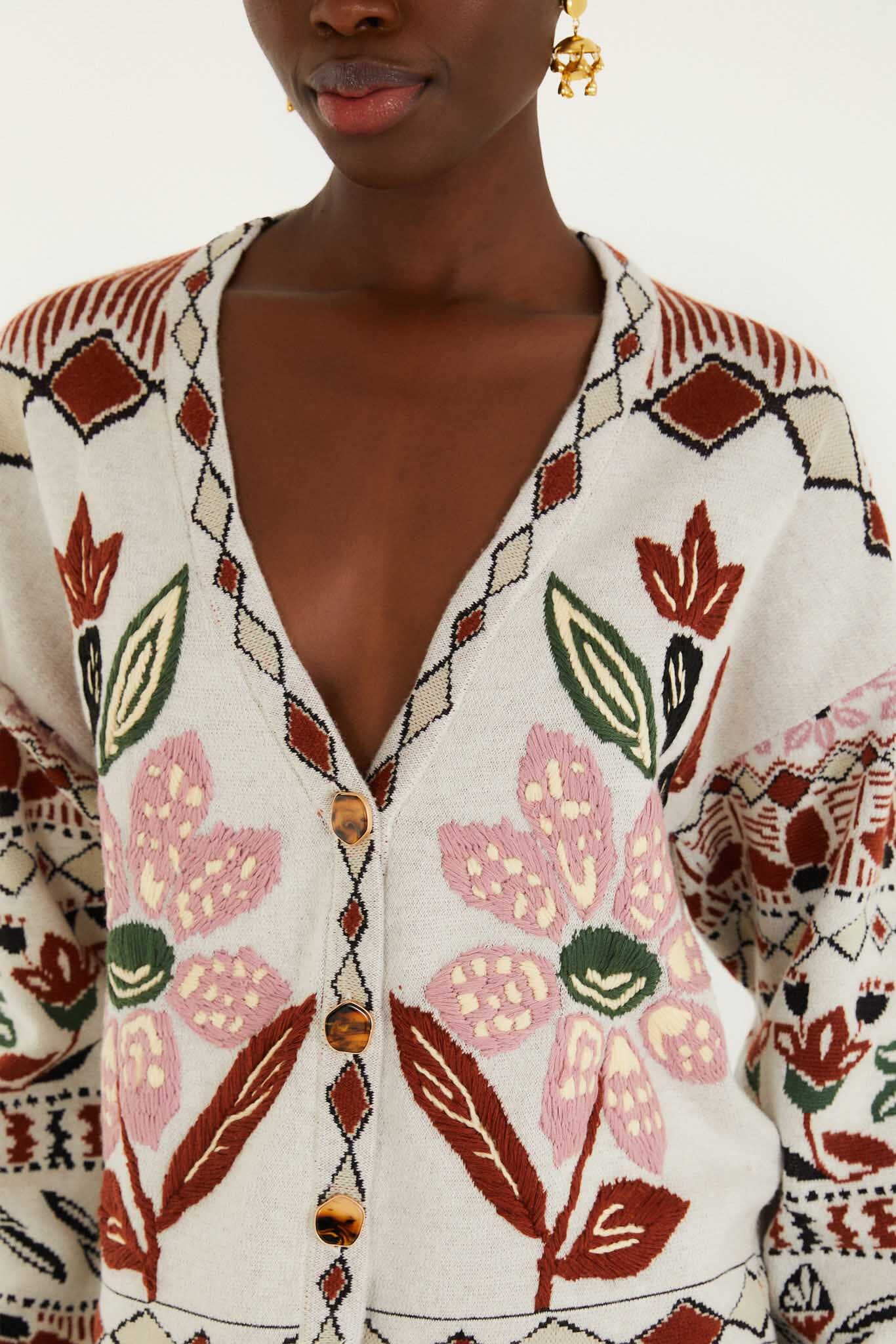 FARM Rio model wearing the Off-White Ainika Embroidered Flower Knit Cardigan