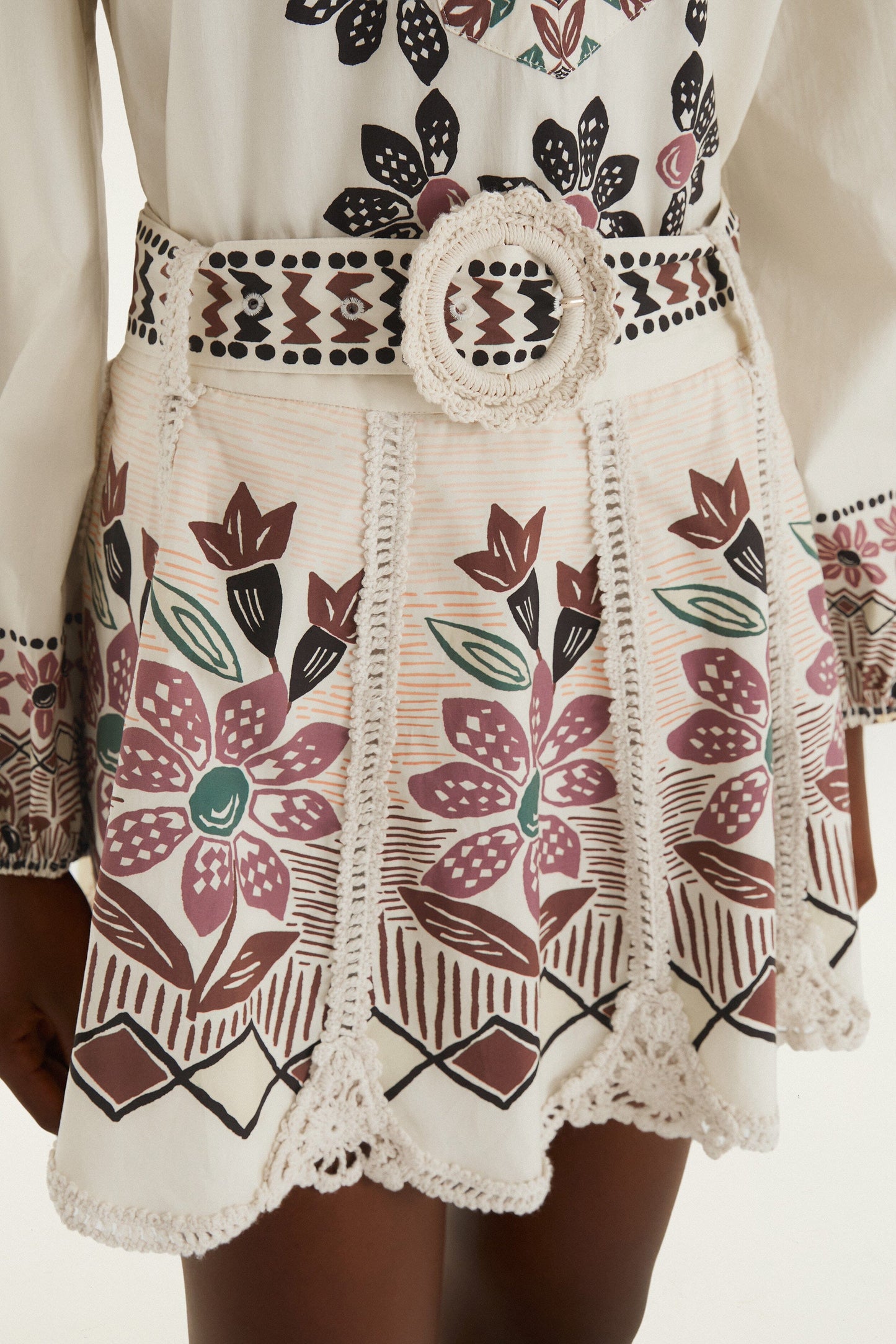 FARM Rio model wearing the Off-White Ainika Rustic Flowers Crochet Detail Mini Skirt