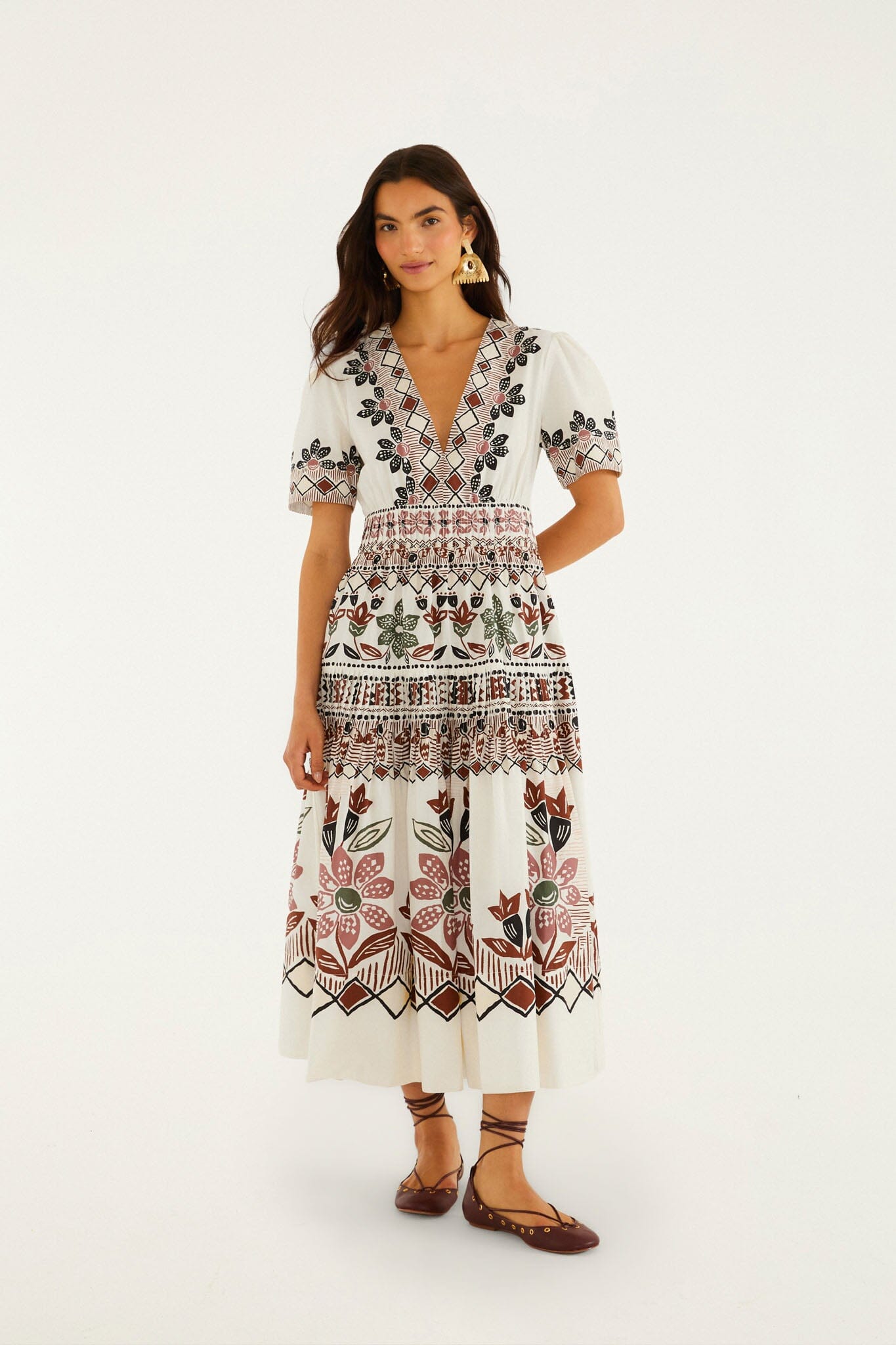 FARM Rio model wearing the Off-White Ainika Rustic Flowers Short Sleeve Maxi Dress