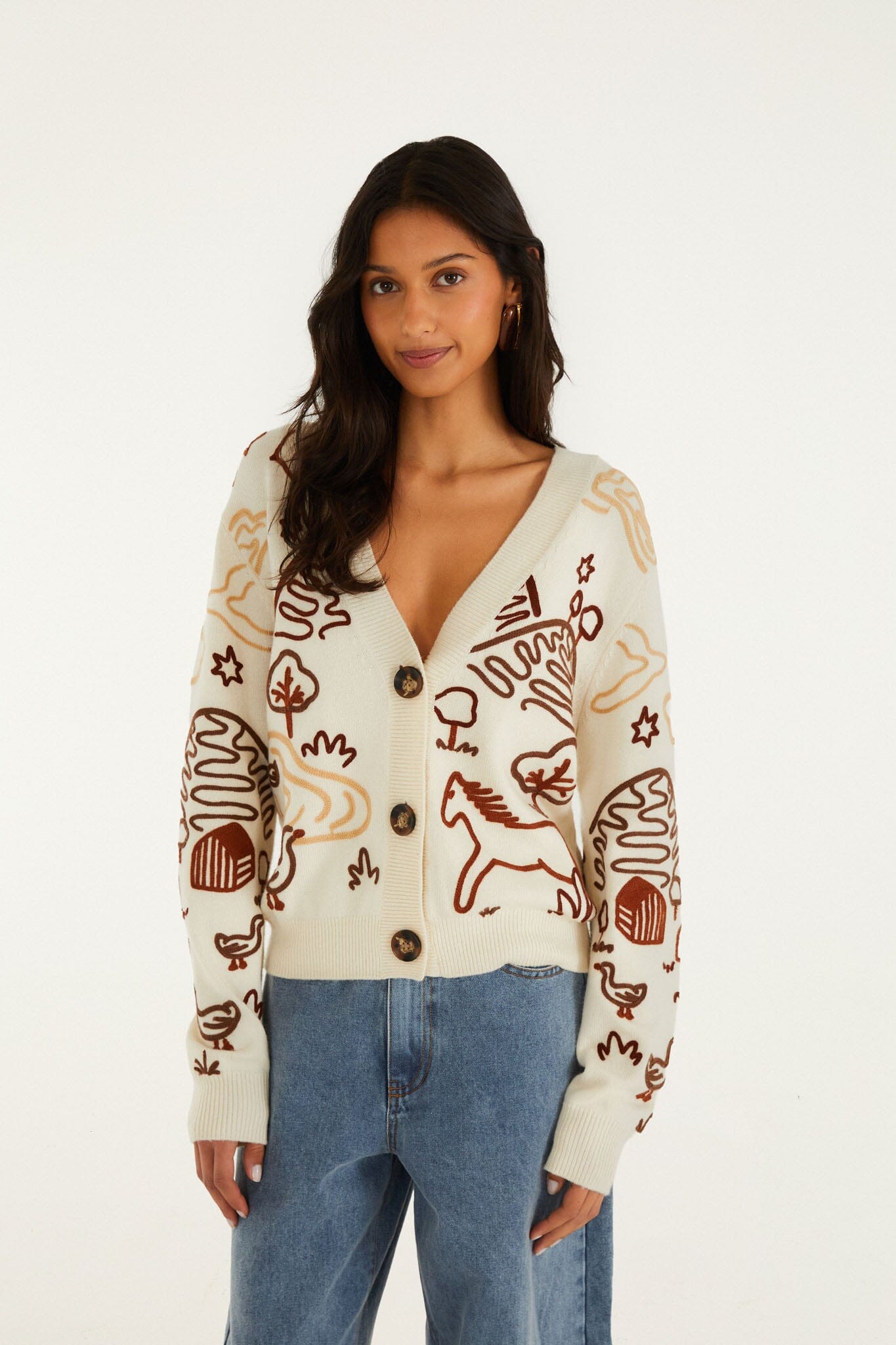 FARM Rio model wearing the Off-White Countryside Cornelli Buttoned Knit Cardigan