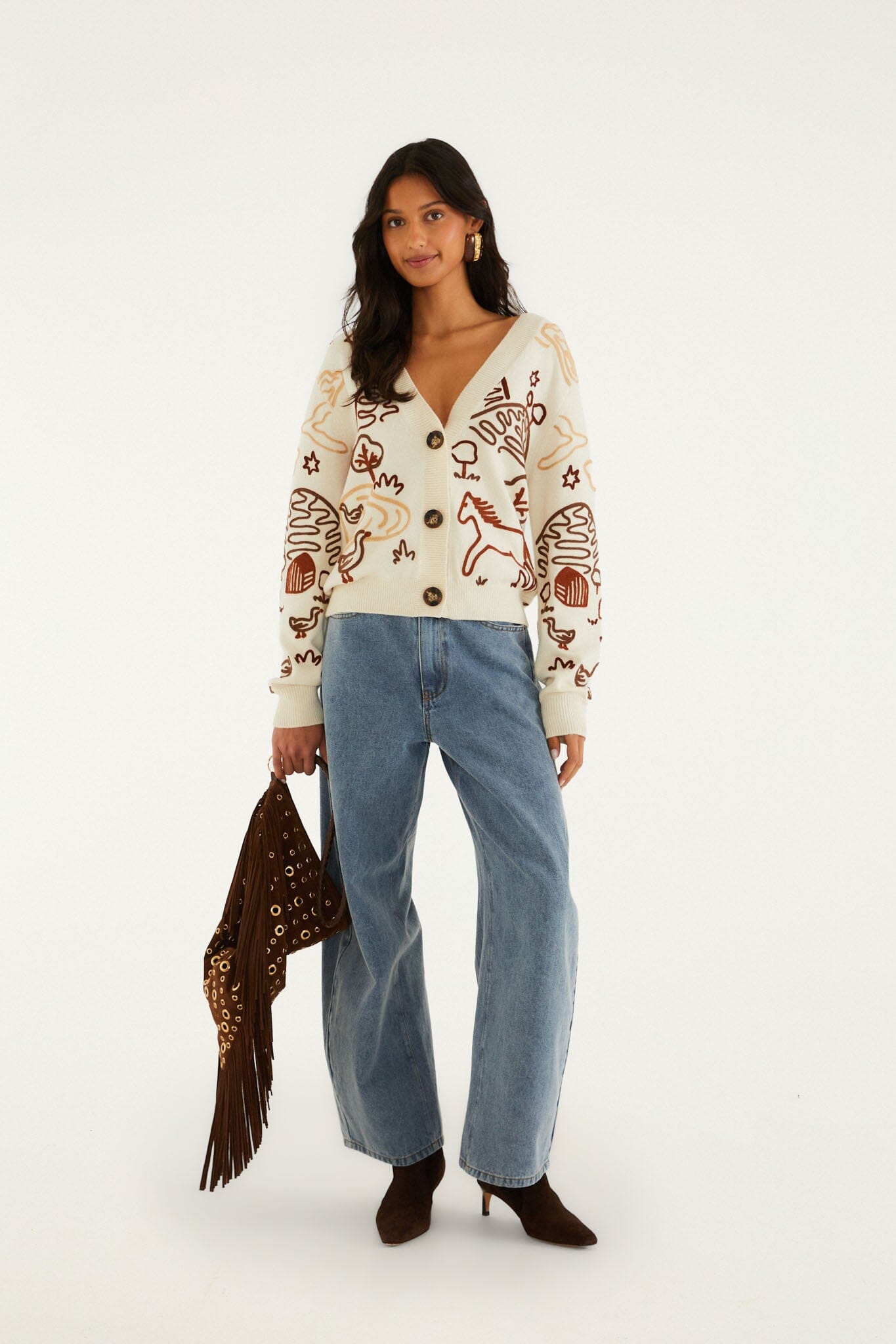 FARM Rio model wearing the Off-White Countryside Cornelli Buttoned Knit Cardigan