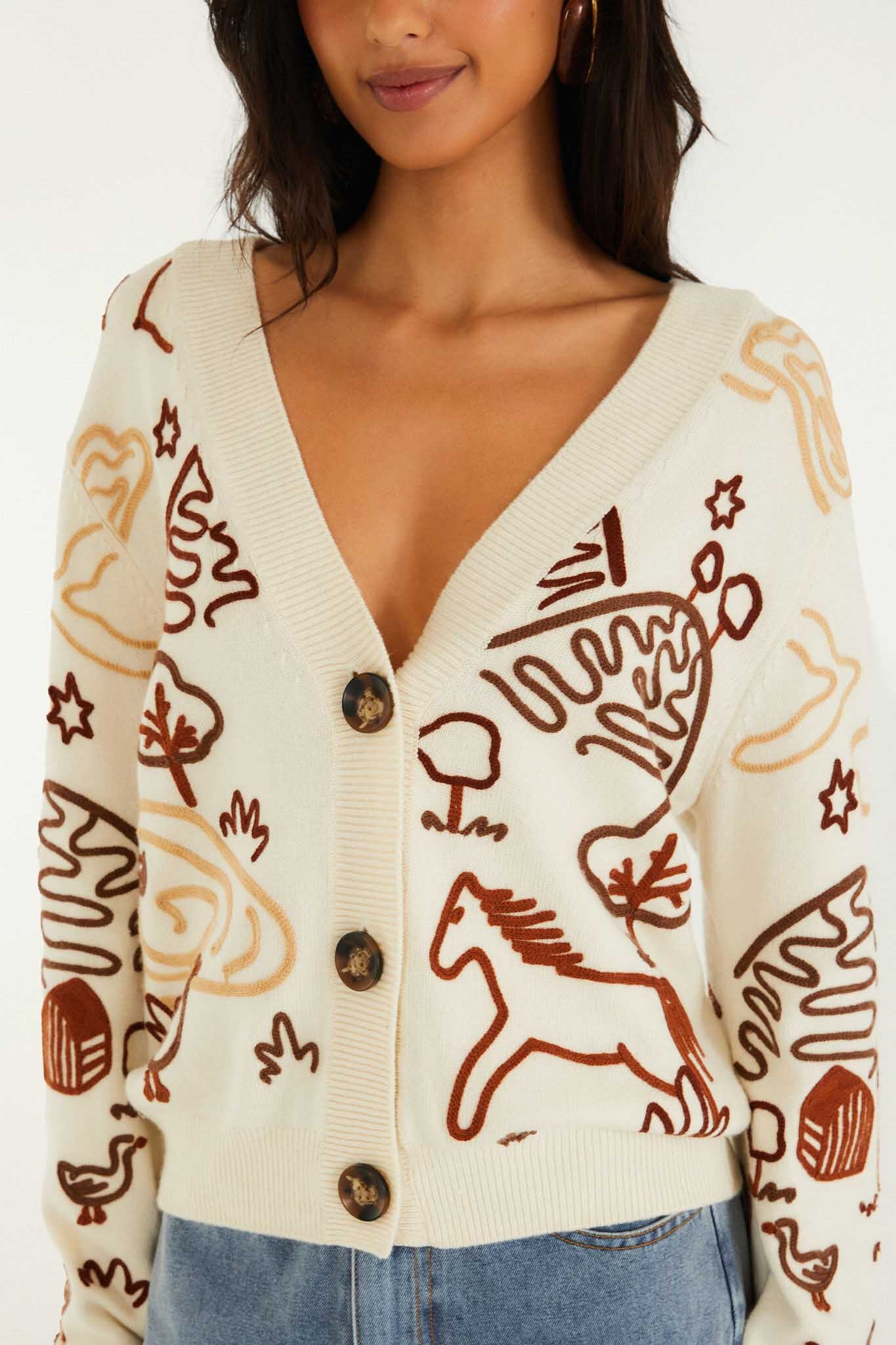 FARM Rio model wearing the Off-White Countryside Cornelli Buttoned Knit Cardigan