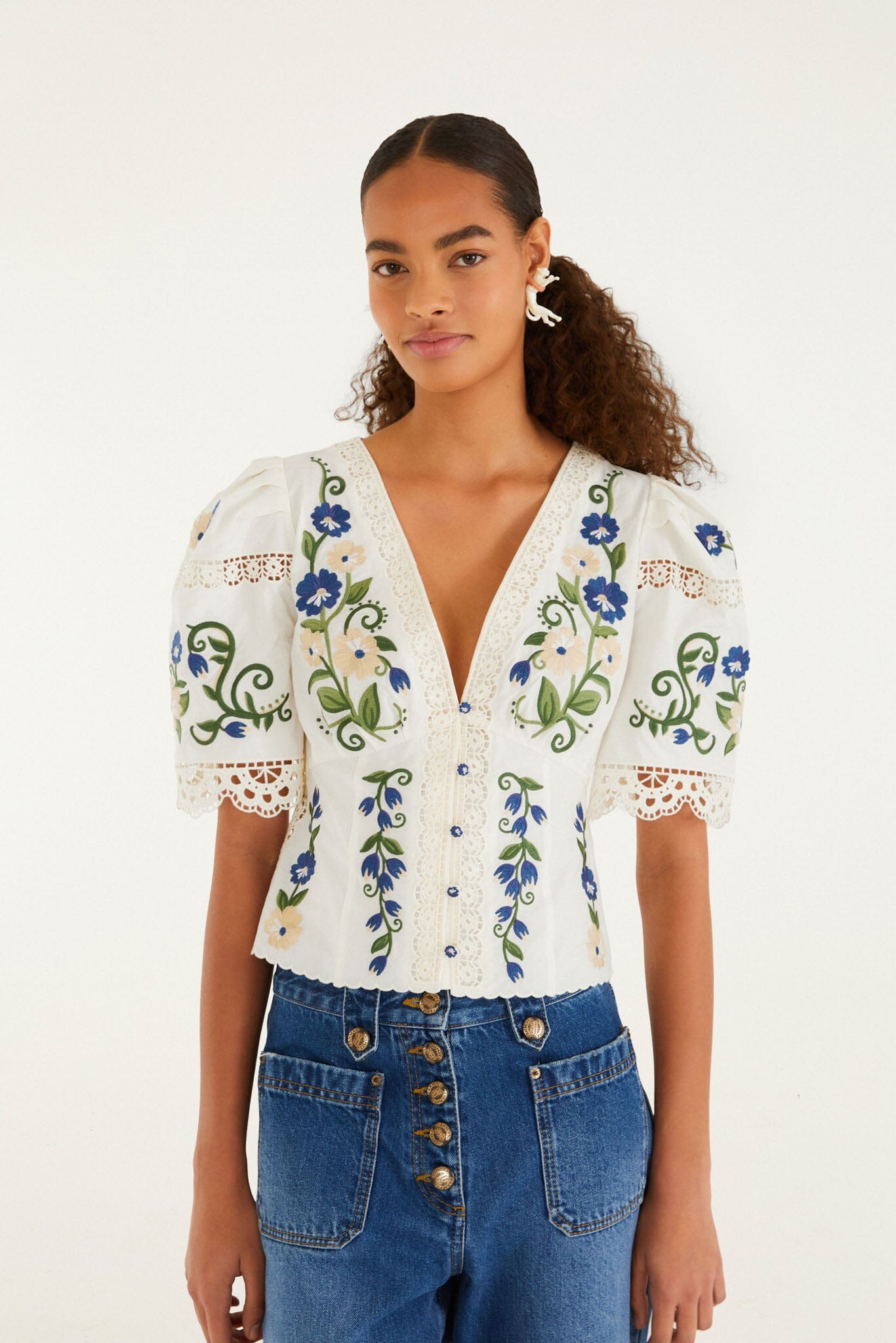 FARM Rio model wearing the Off-White Countryside Land Embroidered Lace Blouse