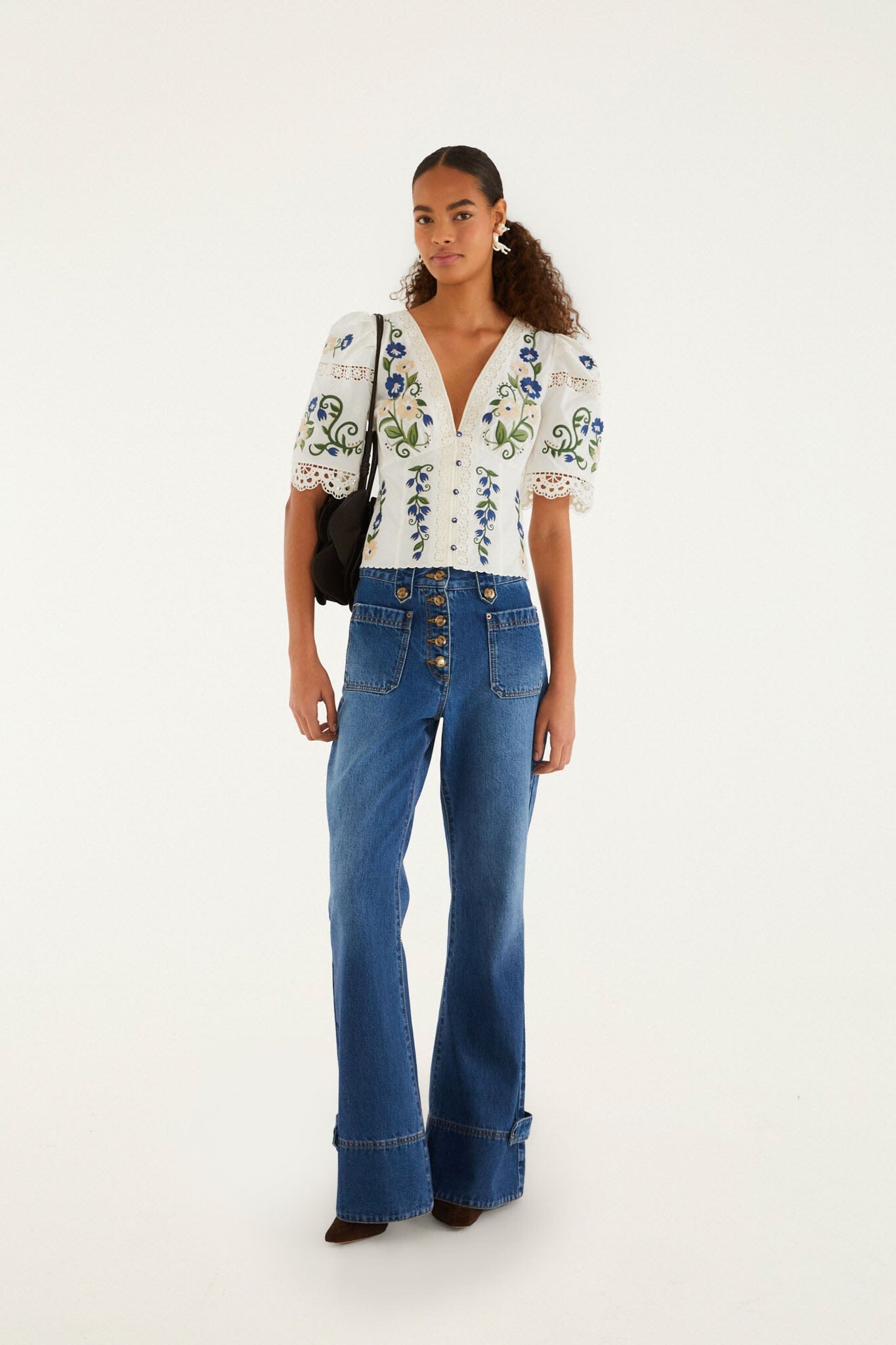 FARM Rio model wearing the Off-White Countryside Land Embroidered Lace Blouse