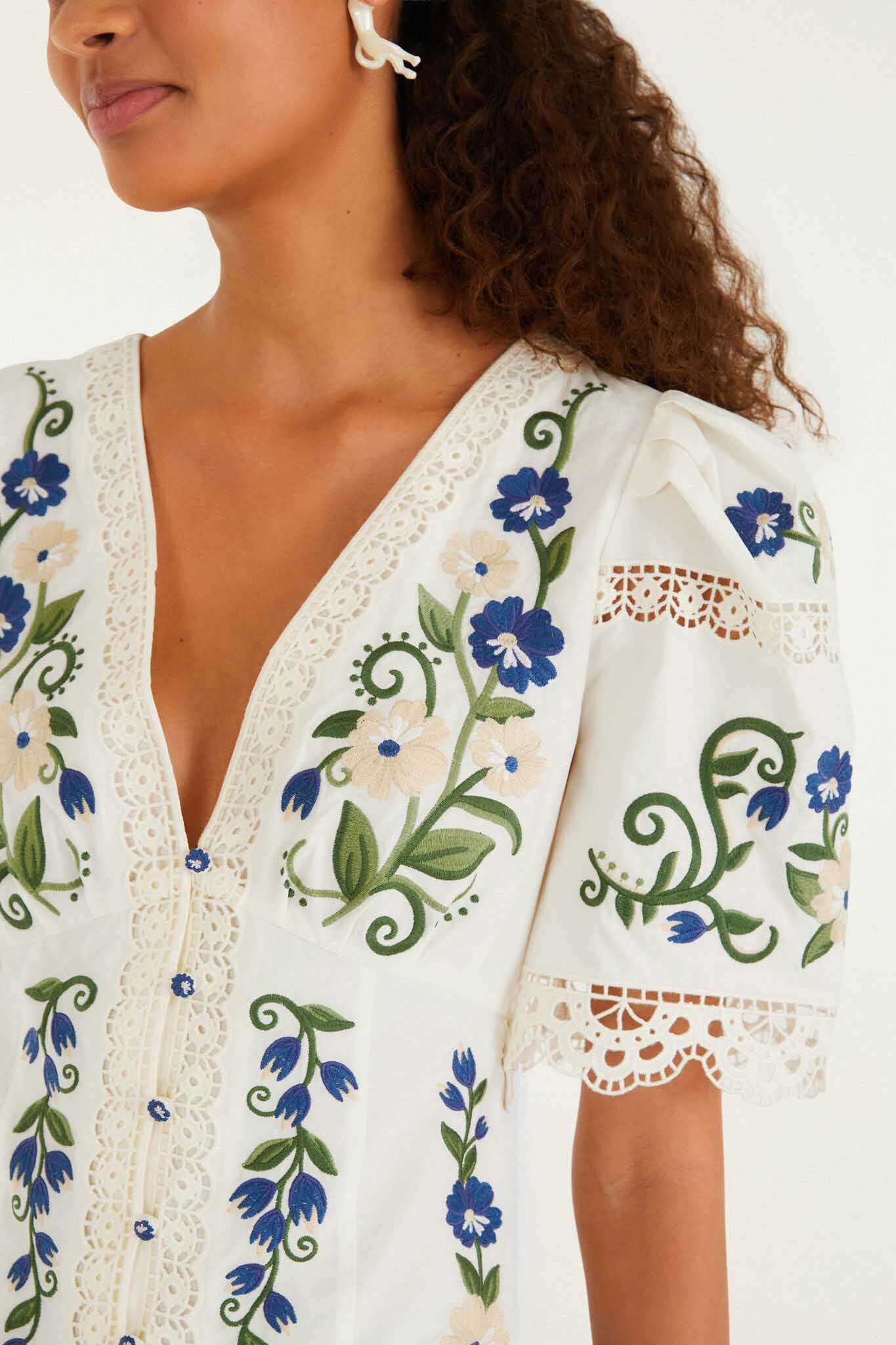 FARM Rio model wearing the Off-White Countryside Land Embroidered Lace Blouse