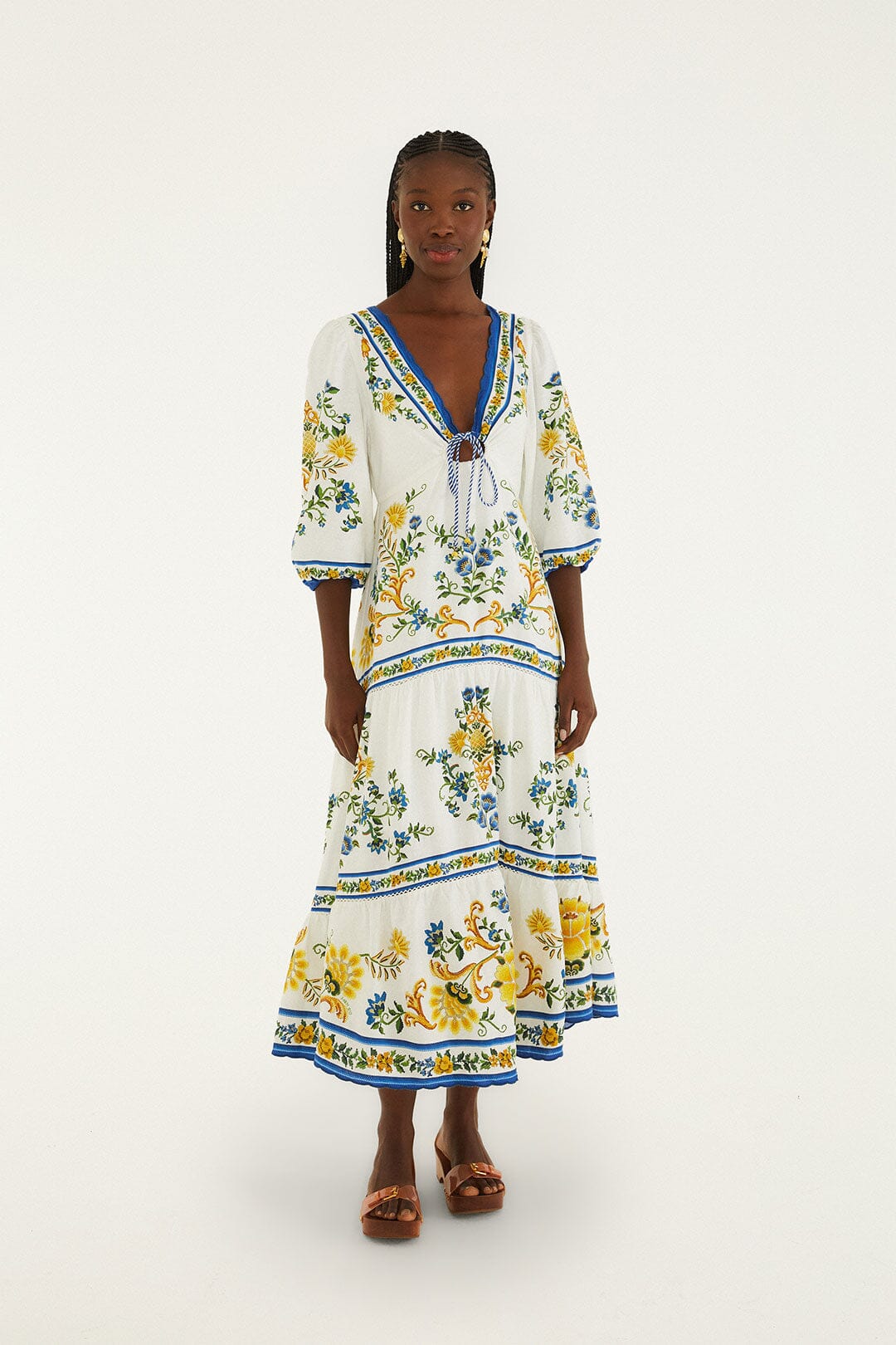 FARM Rio model wearing the Off-White Emily Floral Tapestry Drawstring Midi Dress
