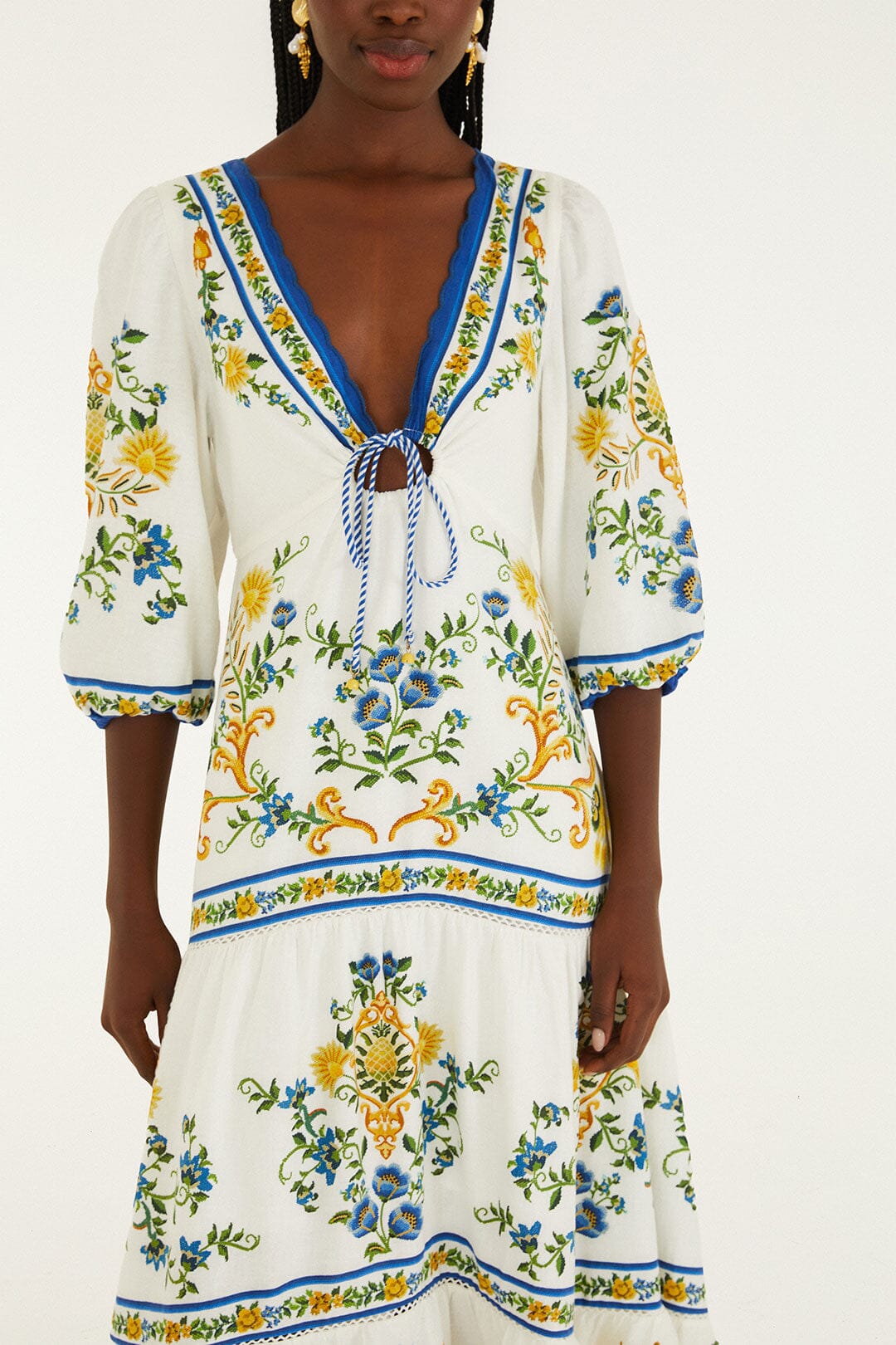 FARM Rio model wearing the Off-White Emily Floral Tapestry Drawstring Midi Dress