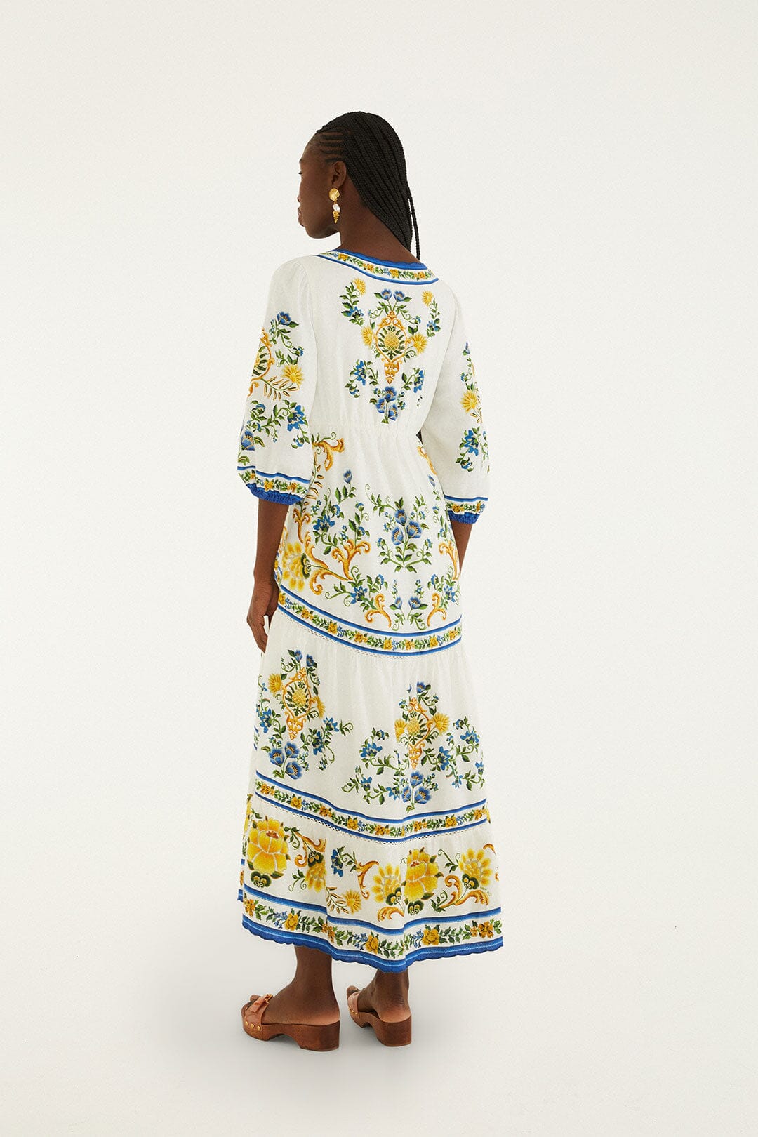 FARM Rio model wearing the Off-White Emily Floral Tapestry Drawstring Midi Dress