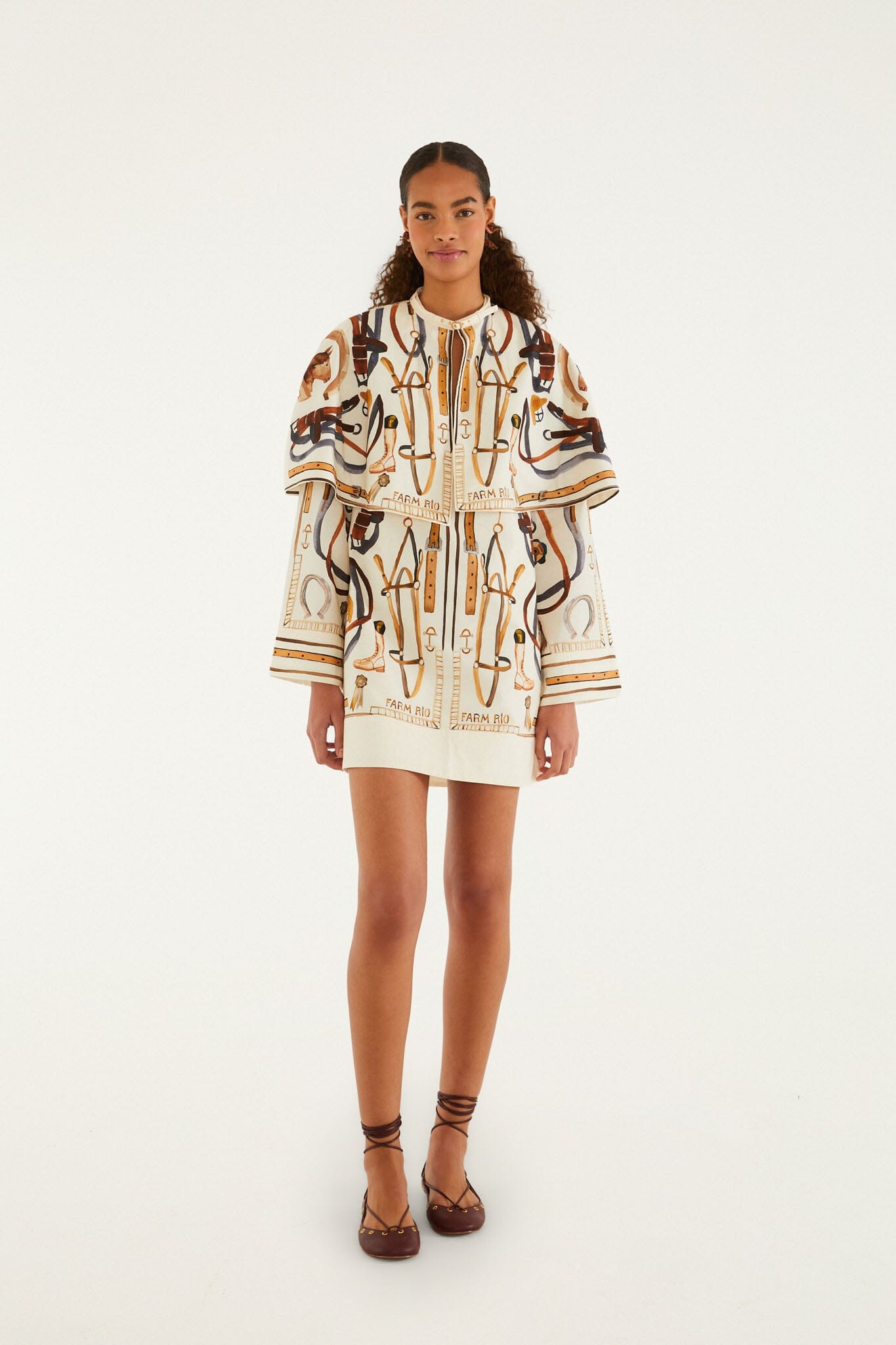 FARM Rio model wearing the Off-White Equestrian Scarf Cape Mini Dress