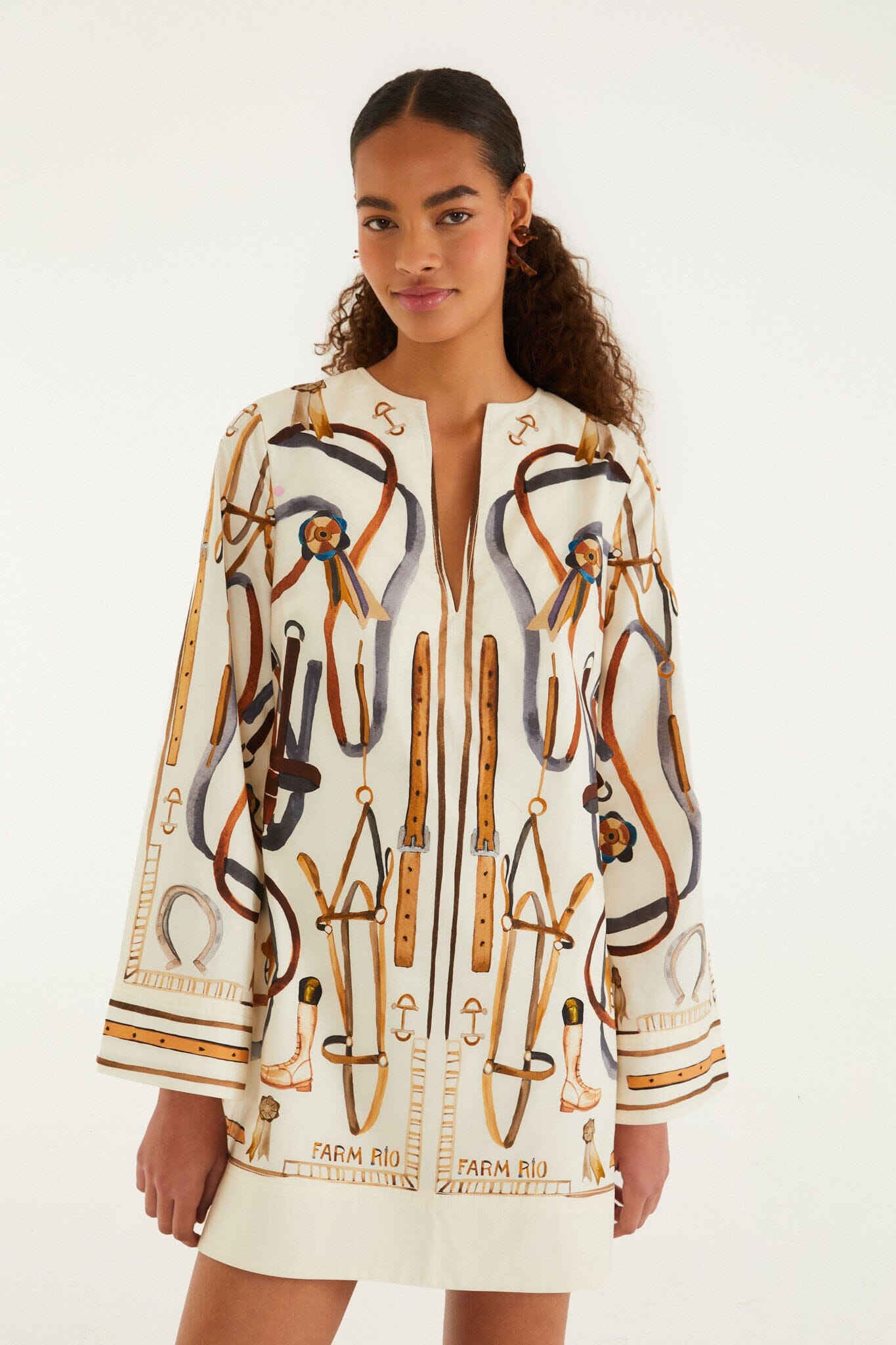 FARM Rio model wearing the Off-White Equestrian Scarf Cape Mini Dress