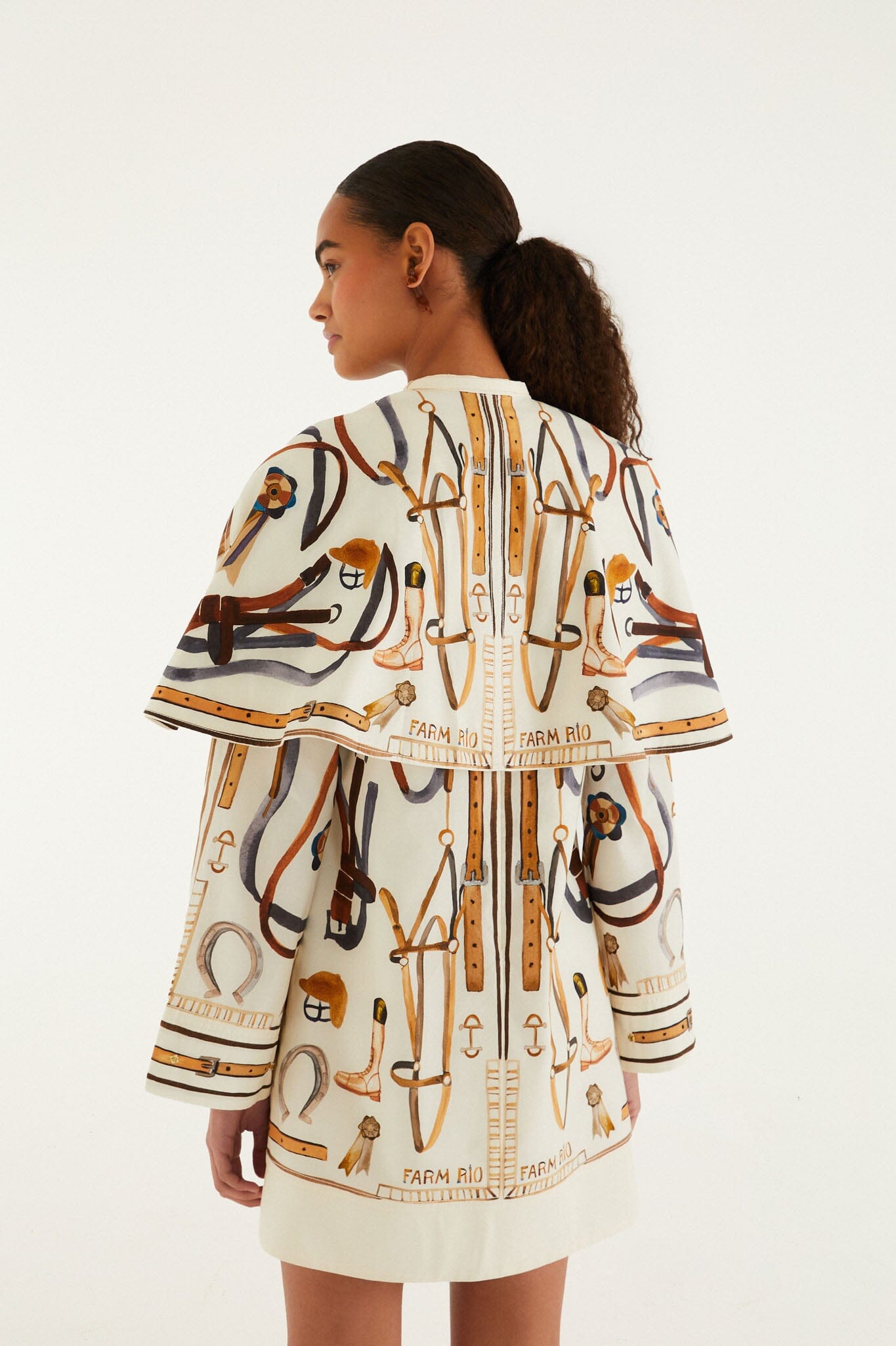 FARM Rio model wearing the Off-White Equestrian Scarf Cape Mini Dress
