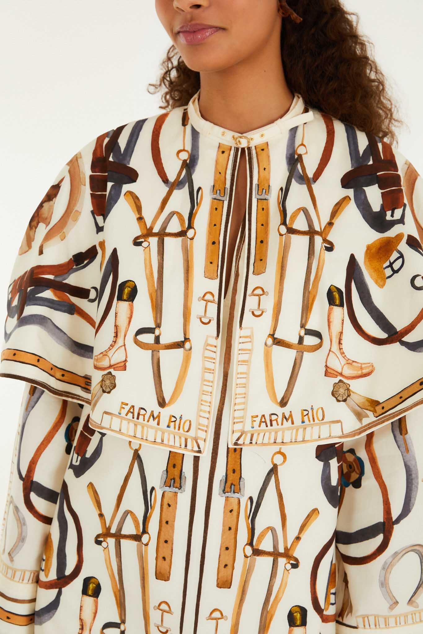 FARM Rio model wearing the Off-White Equestrian Scarf Cape Mini Dress