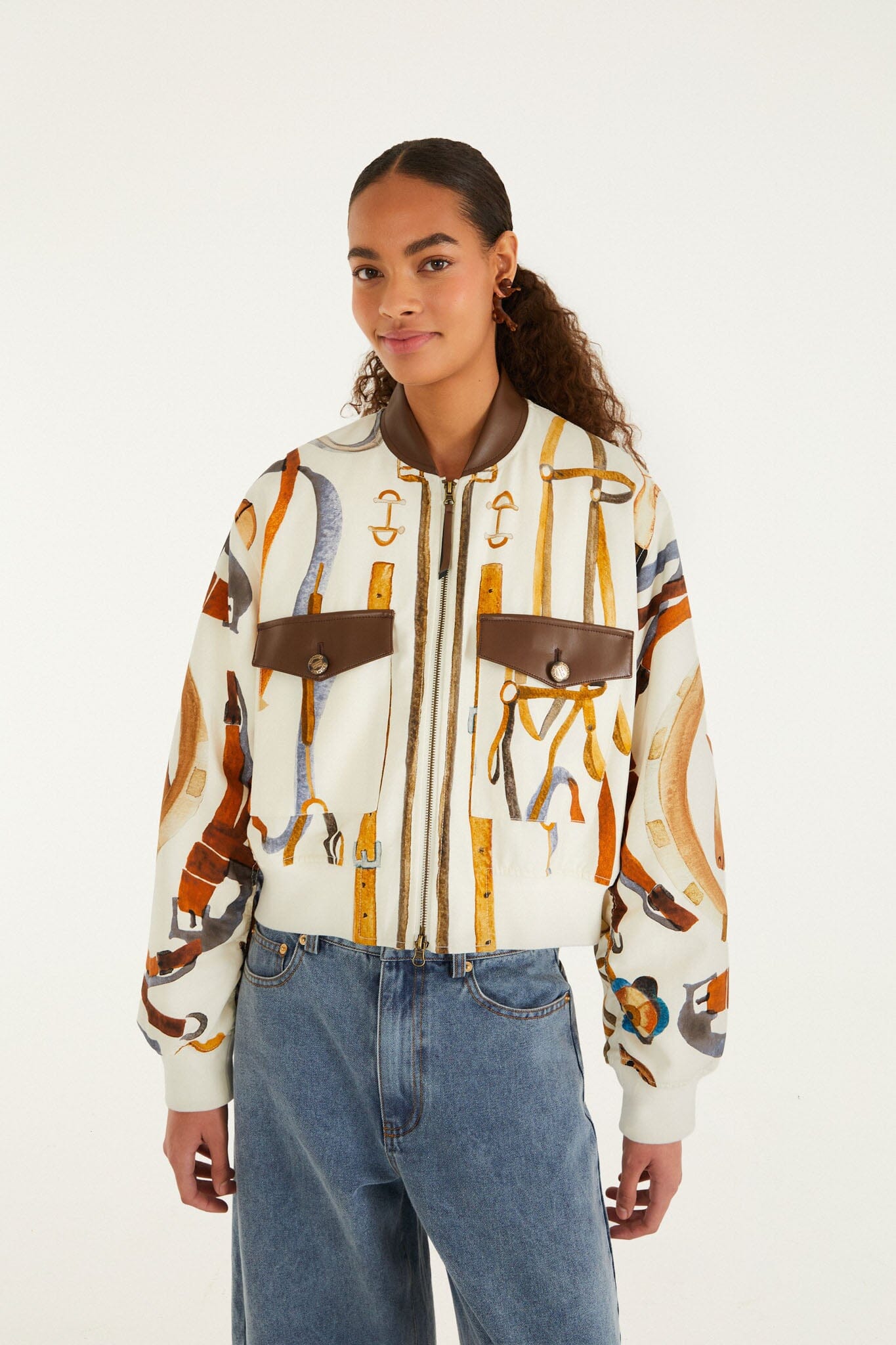 FARM Rio model wearing the Off-White Equestrian Scarf Pockets Bomber Jacket