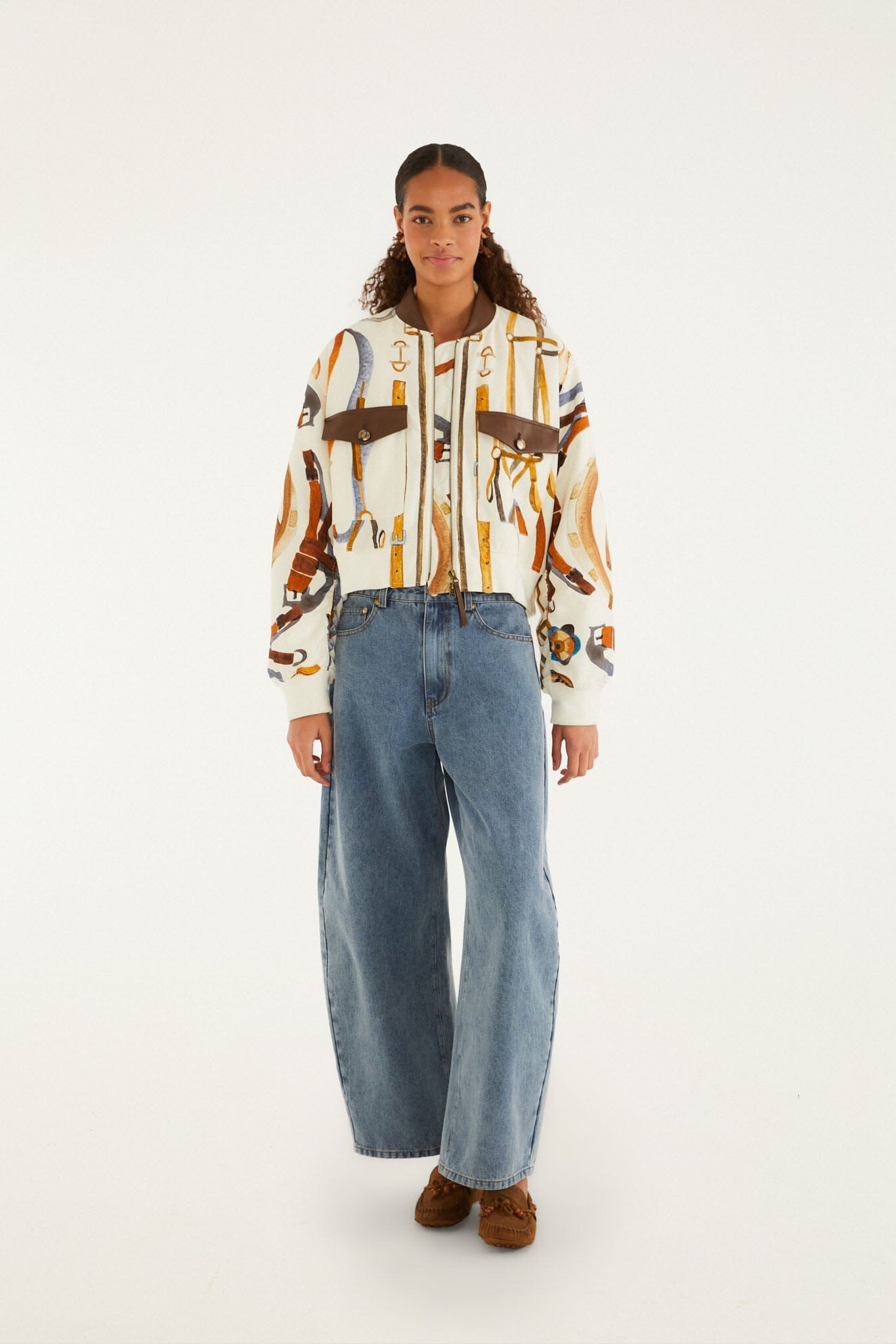 FARM Rio model wearing the Off-White Equestrian Scarf Pockets Bomber Jacket