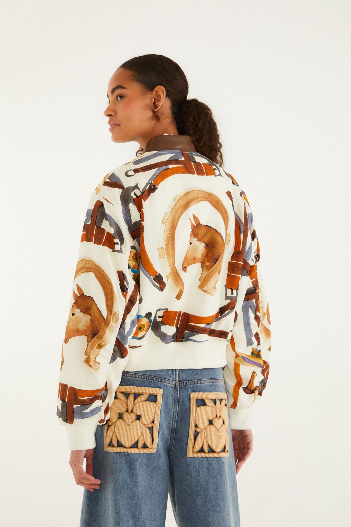 FARM Rio model wearing the Off-White Equestrian Scarf Pockets Bomber Jacket