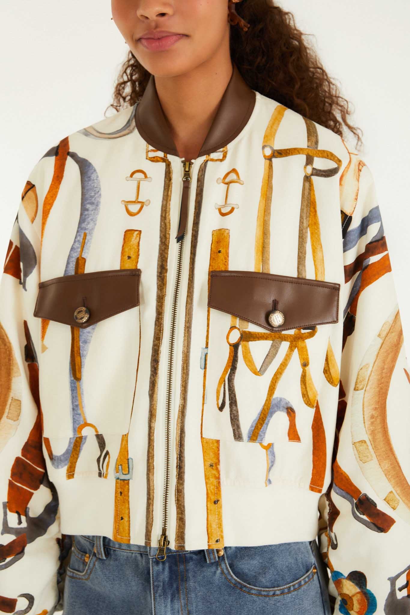 FARM Rio model wearing the Off-White Equestrian Scarf Pockets Bomber Jacket