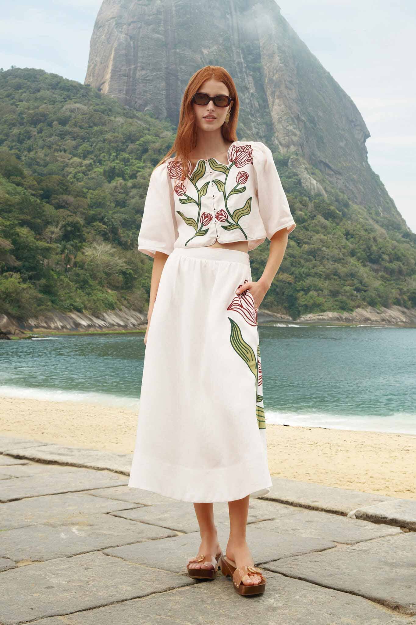 Off-White Flower Embroidered Euroflax Premium Linen Midi Skirt | FARM Rio