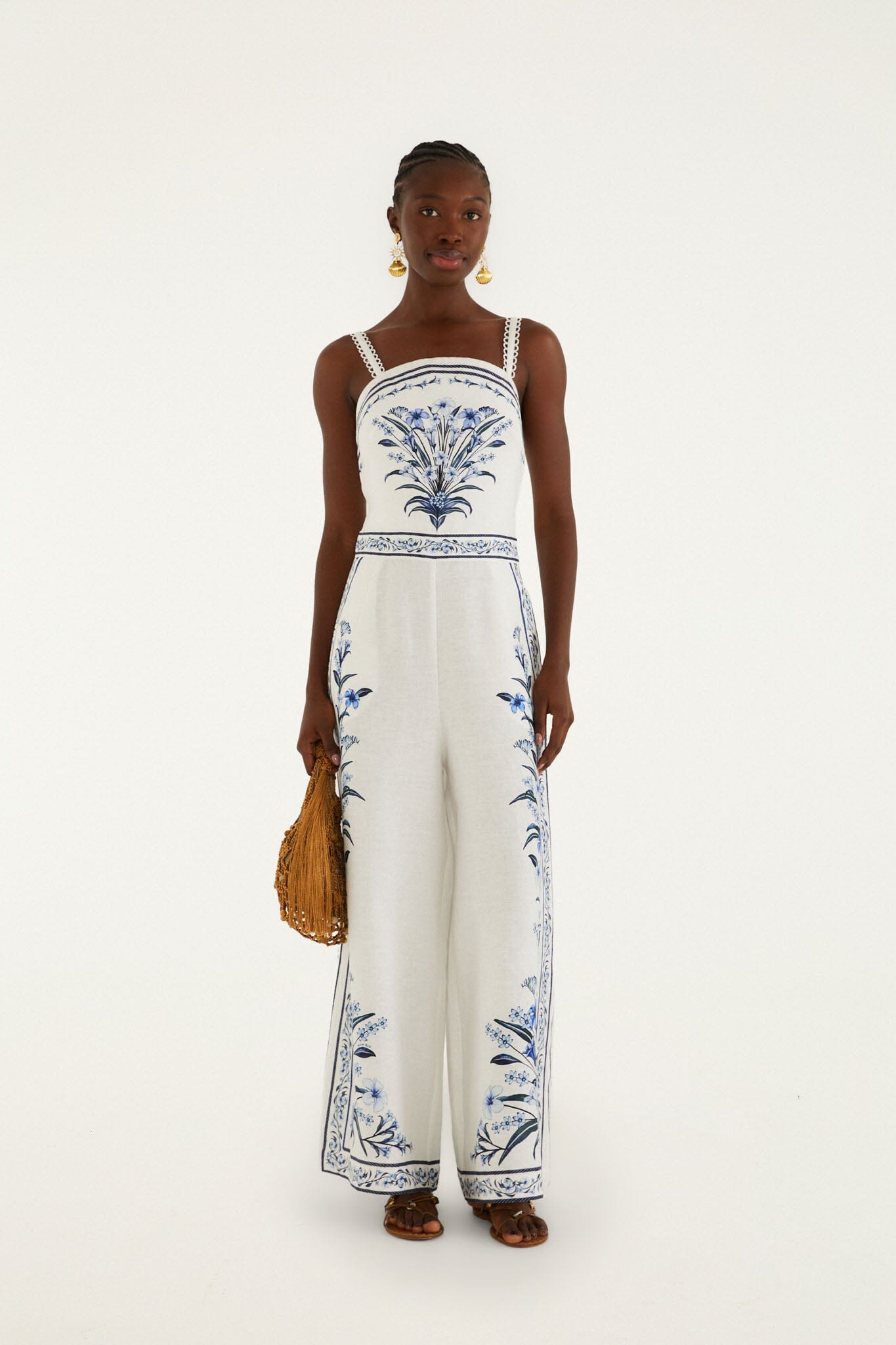 FARM Rio model wearing the Off-White Flowers Arch Euroflax Premium Linen Maxi Jumpsuit