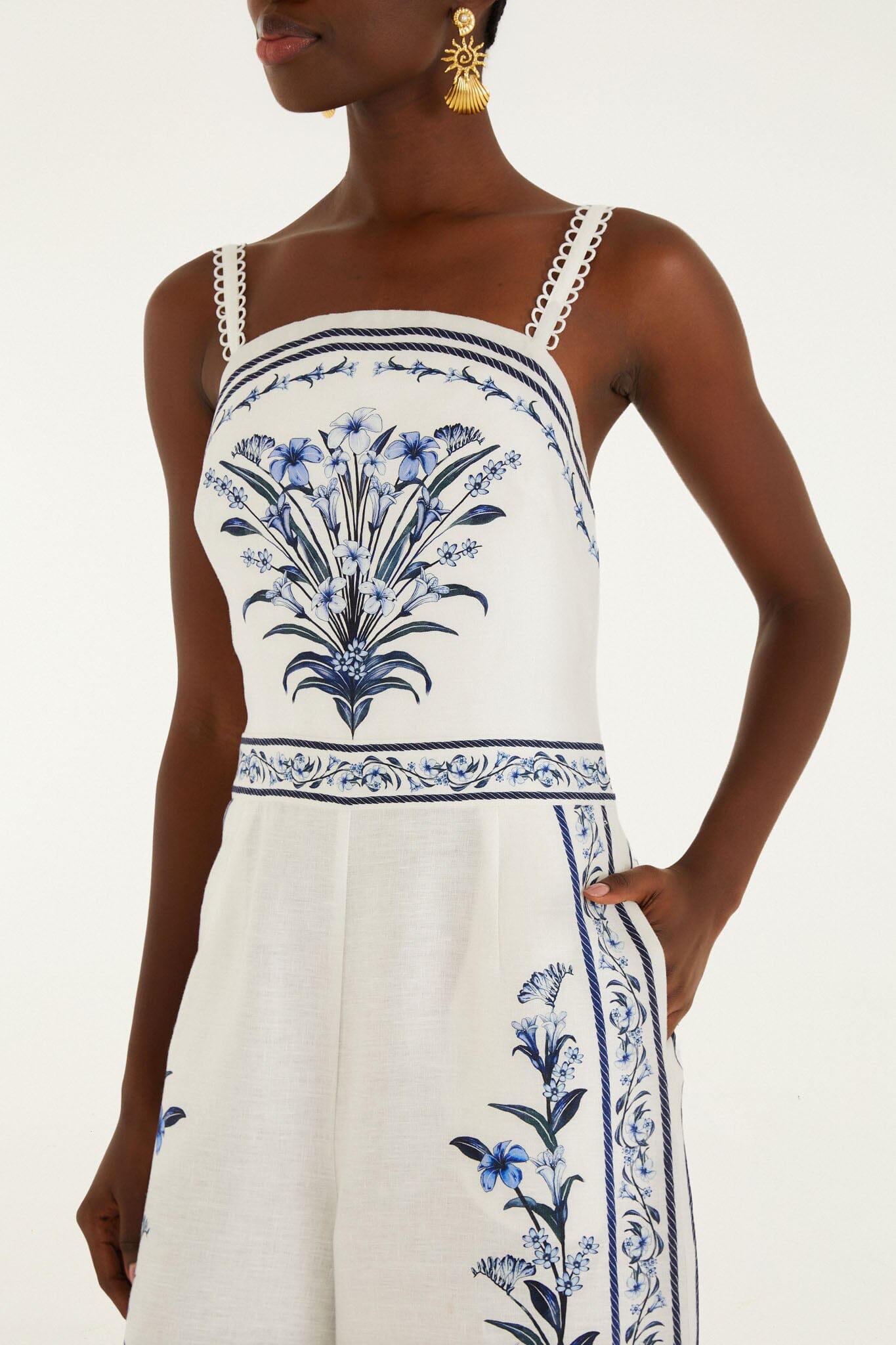 FARM Rio model wearing the Off-White Flowers Arch Euroflax Premium Linen Maxi Jumpsuit