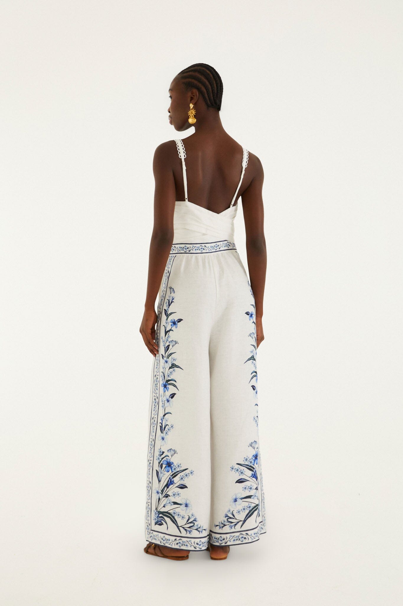 FARM Rio model wearing the Off-White Flowers Arch Euroflax Premium Linen Maxi Jumpsuit