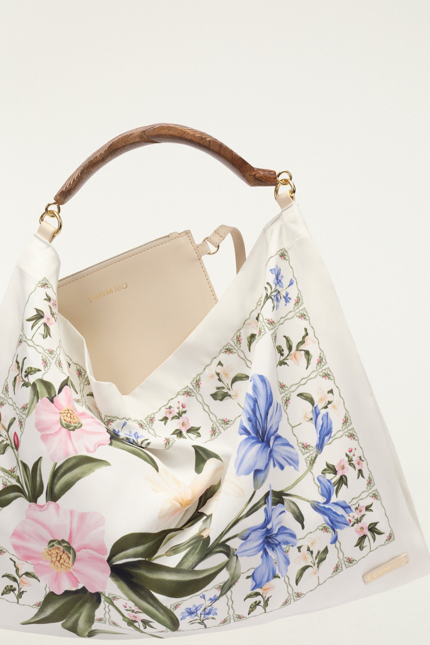 FARM Rio model wearing the Off-White Flowers Satin Small Scarf Bag