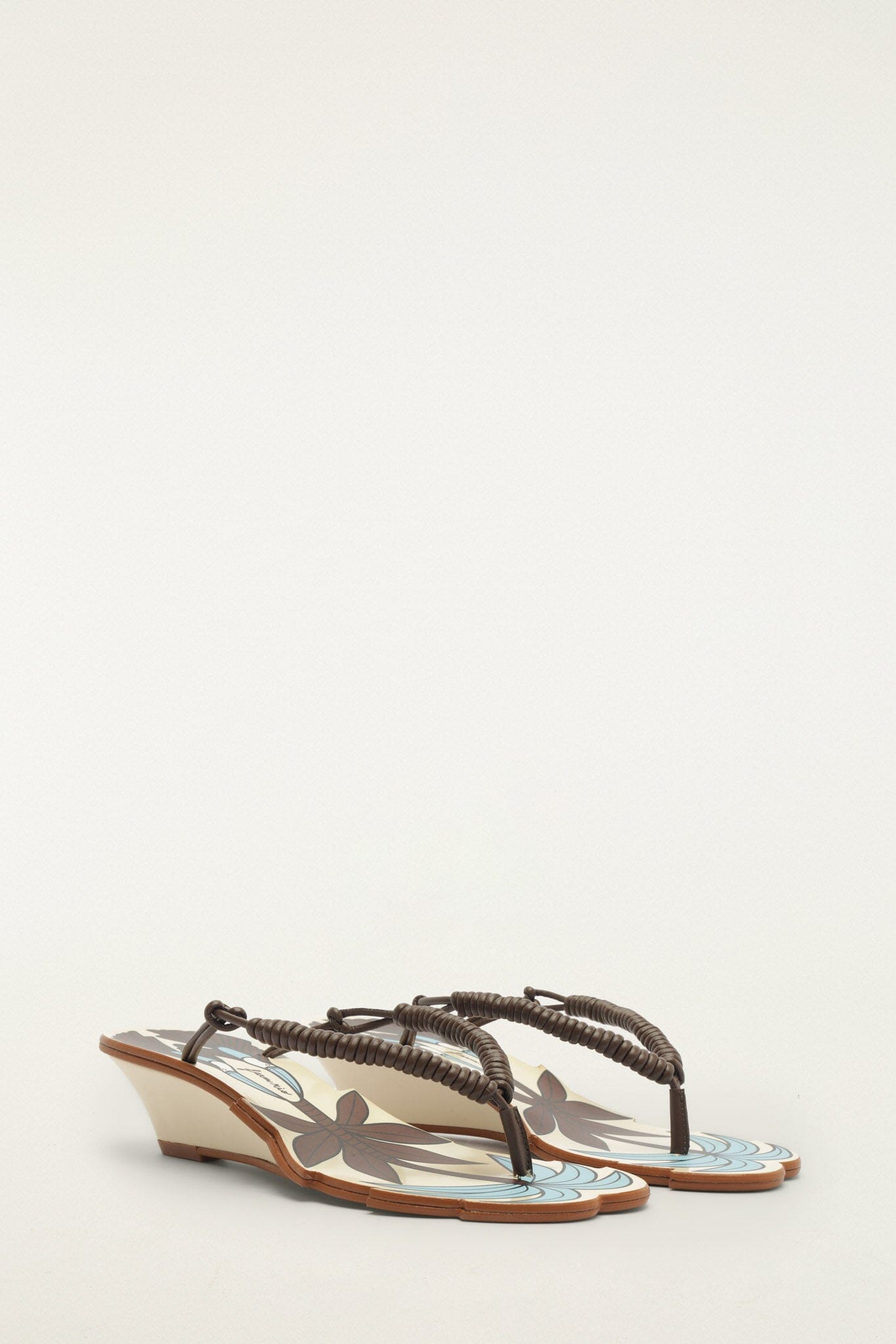FARM Rio model wearing the Off-White Palm Tree Cutwork Wedge Sandal