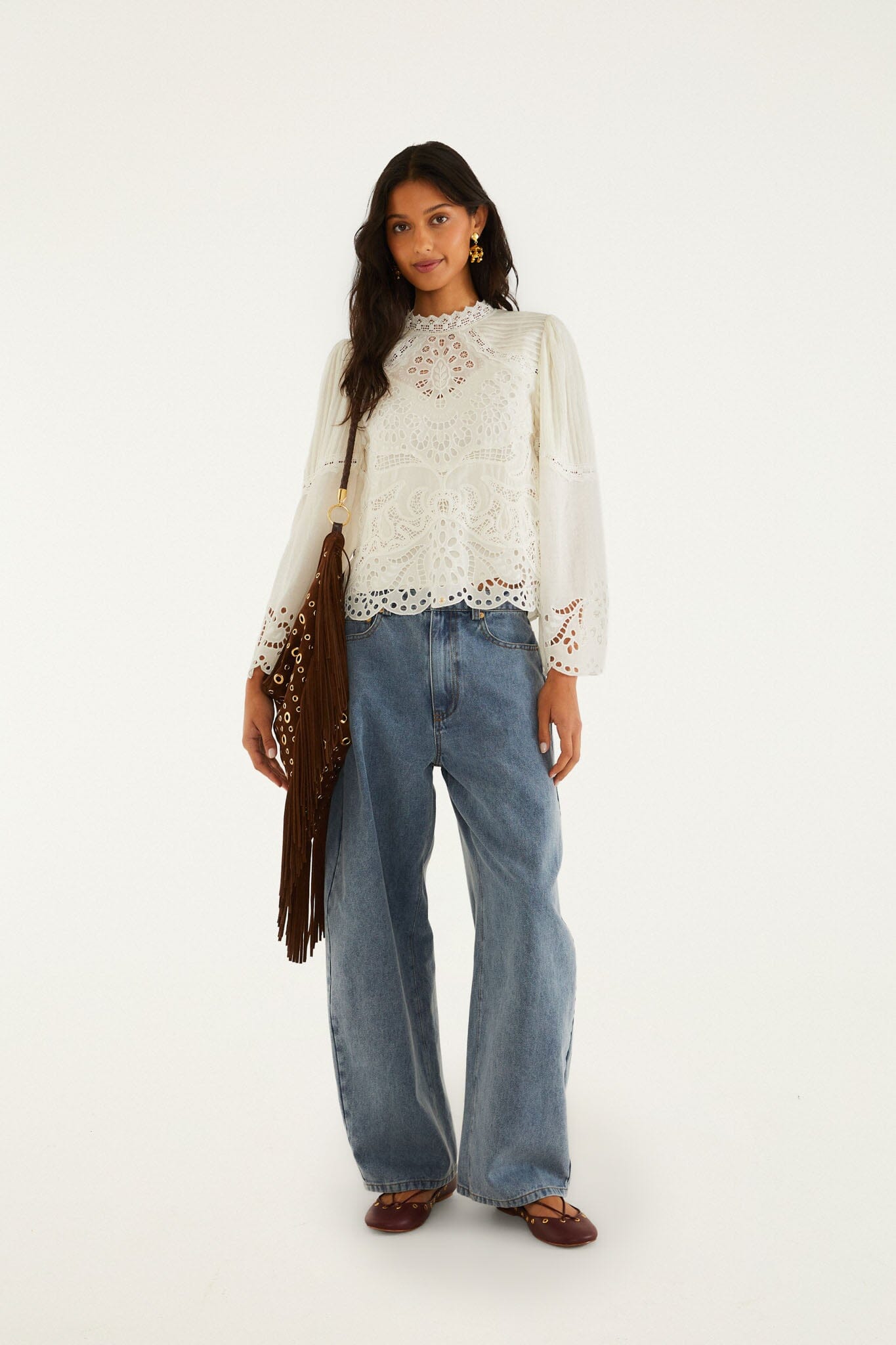 FARM Rio model wearing the Off-White Richelieu Long Sleeve Blouse