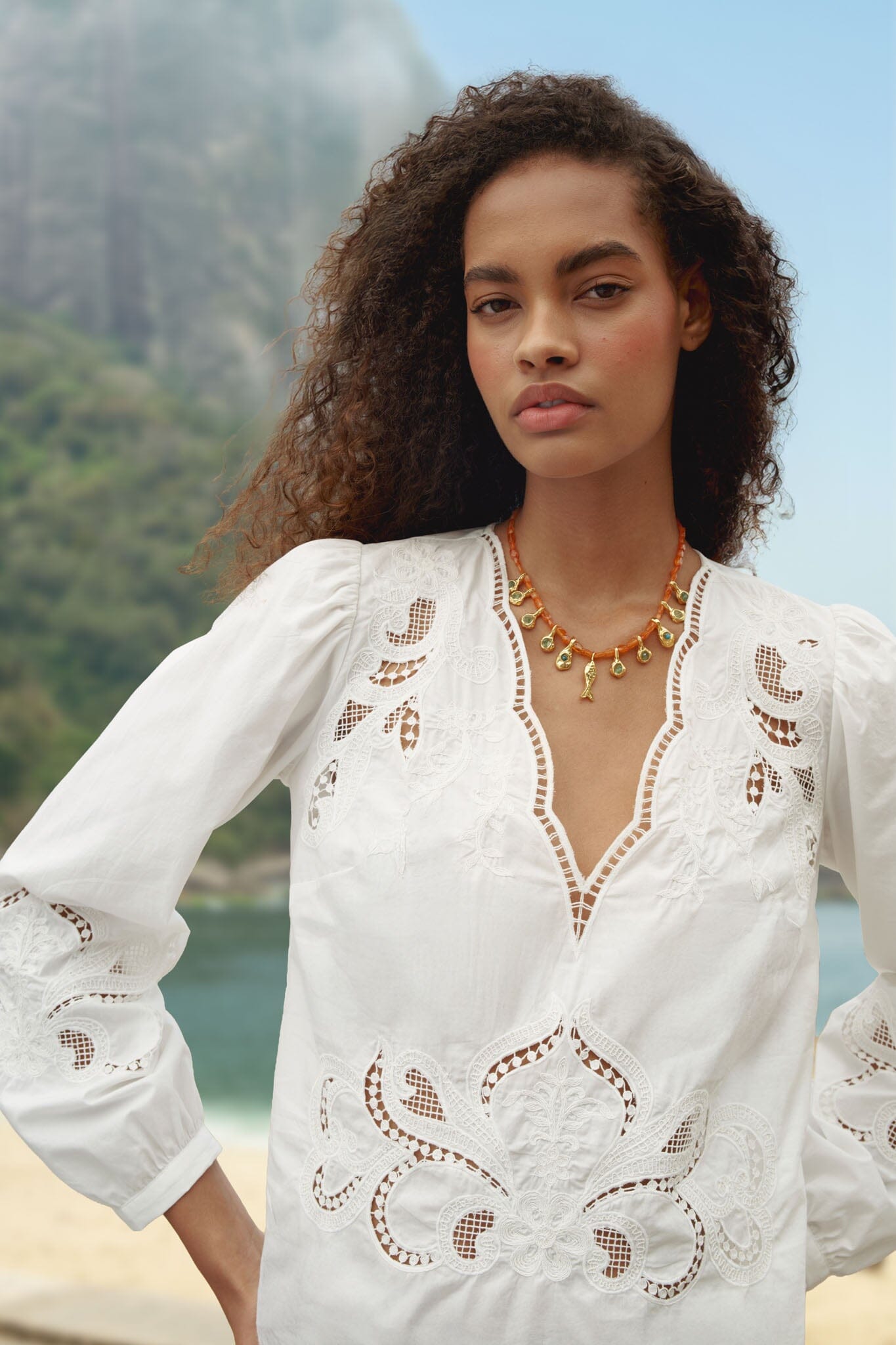 FARM Rio model wearing the Off-White Richelieu Long Sleeve Blouse