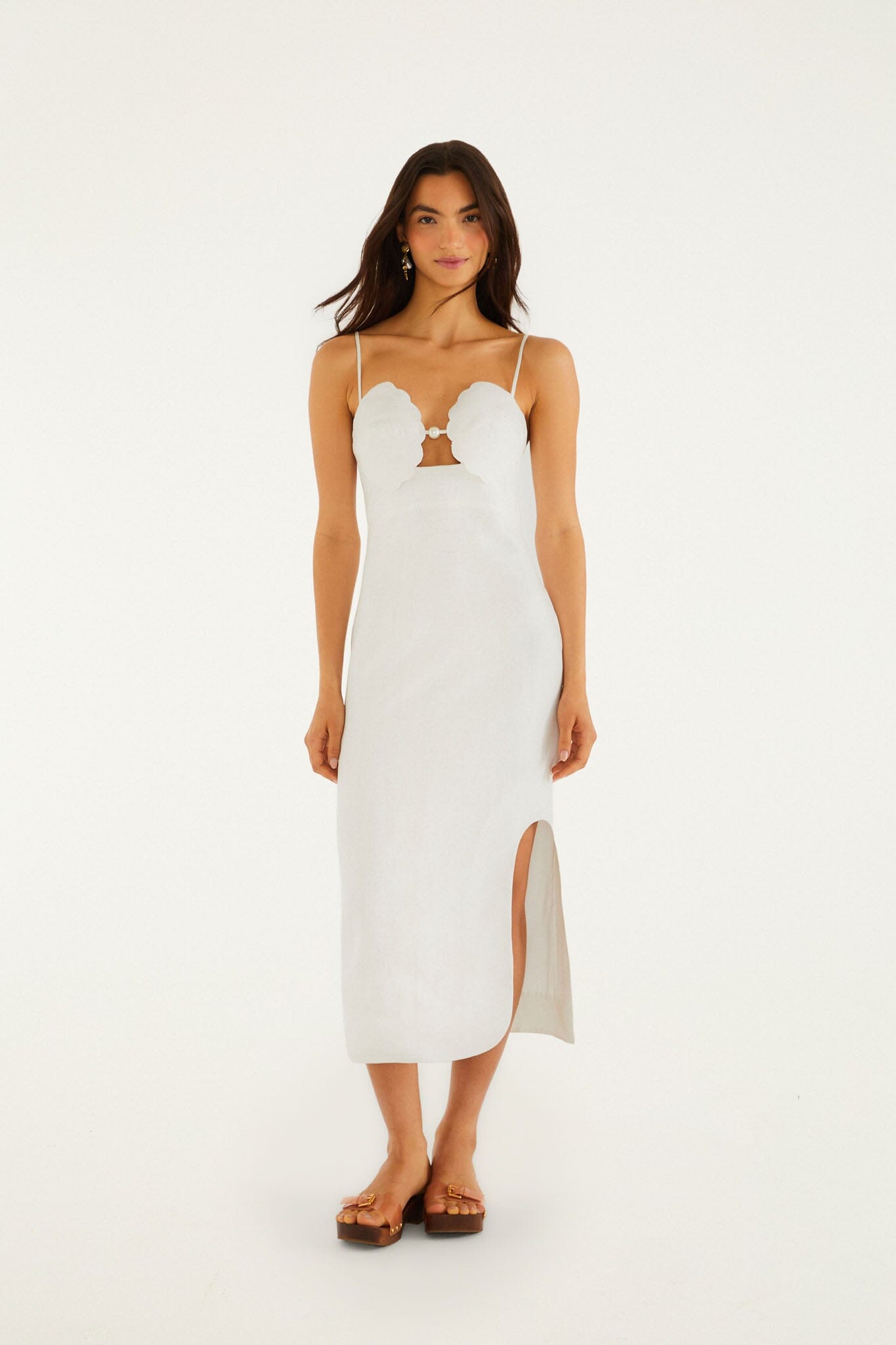 FARM Rio model wearing the Off-White Shell Bodice Pearl Midi Dress
