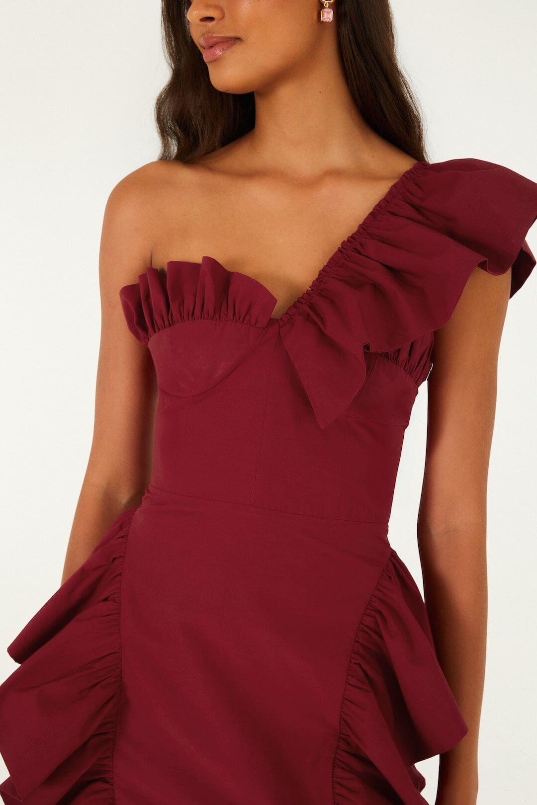 FARM Rio model wearing the One-Shoulder Ruffled Mini Dress