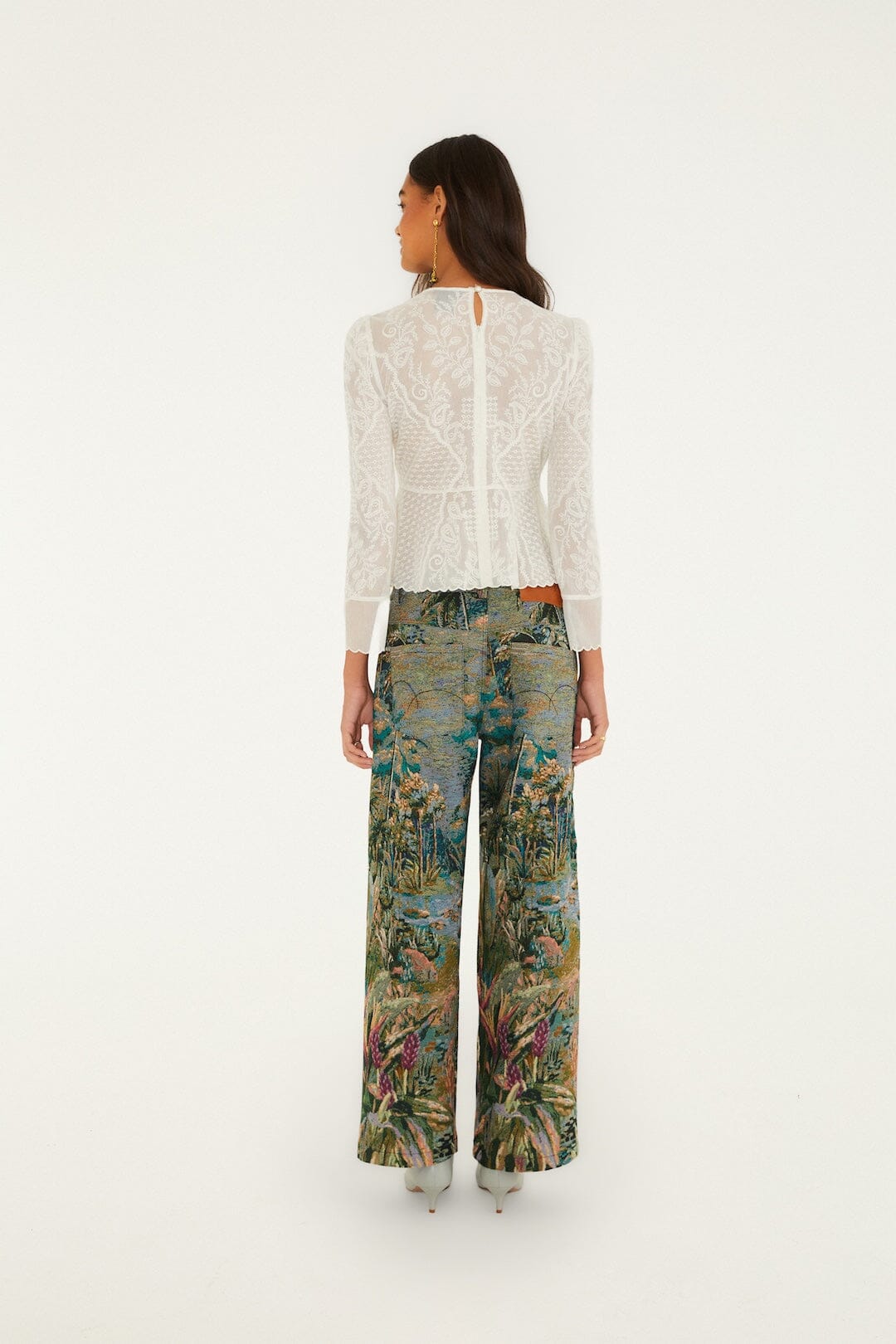 FARM Rio model wearing the Petricor Jacquard Wide-Leg Denim Trousers