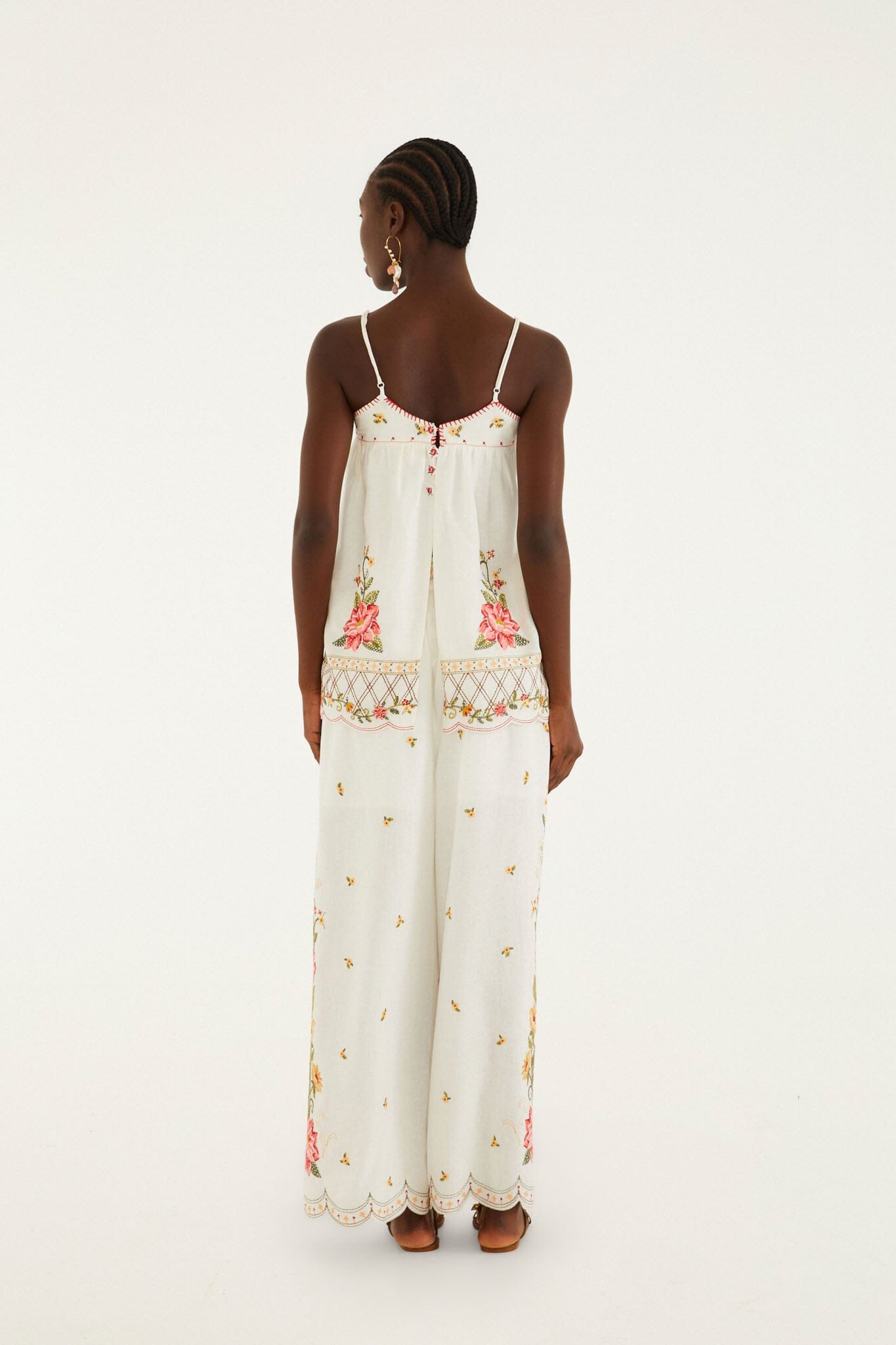 FARM Rio model wearing the Pff-White Flower Embroidery Wide-Leg Pants