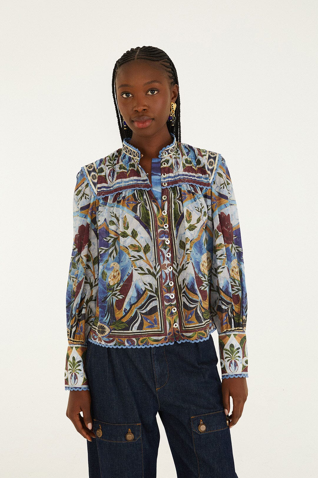 FARM Rio model wearing the Pietra Dura Tapestry Blouse