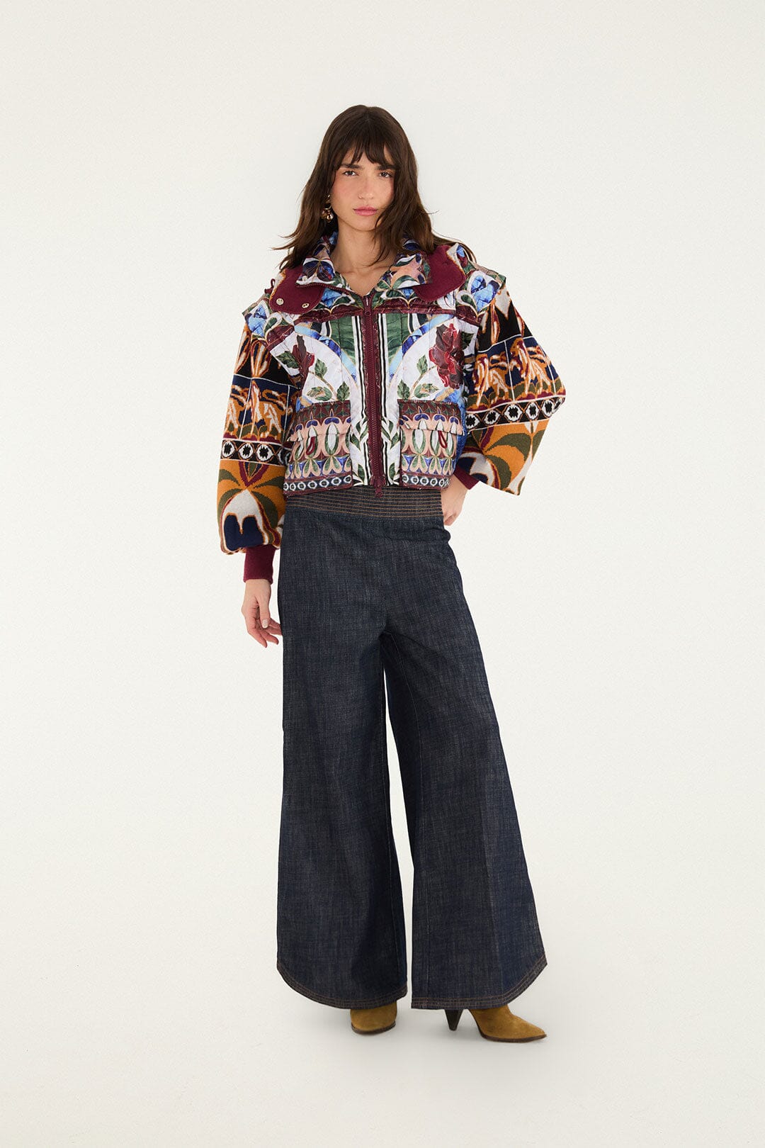 FARM Rio model wearing the Pietra Dura Tapestry Cropped Puffer Jacket