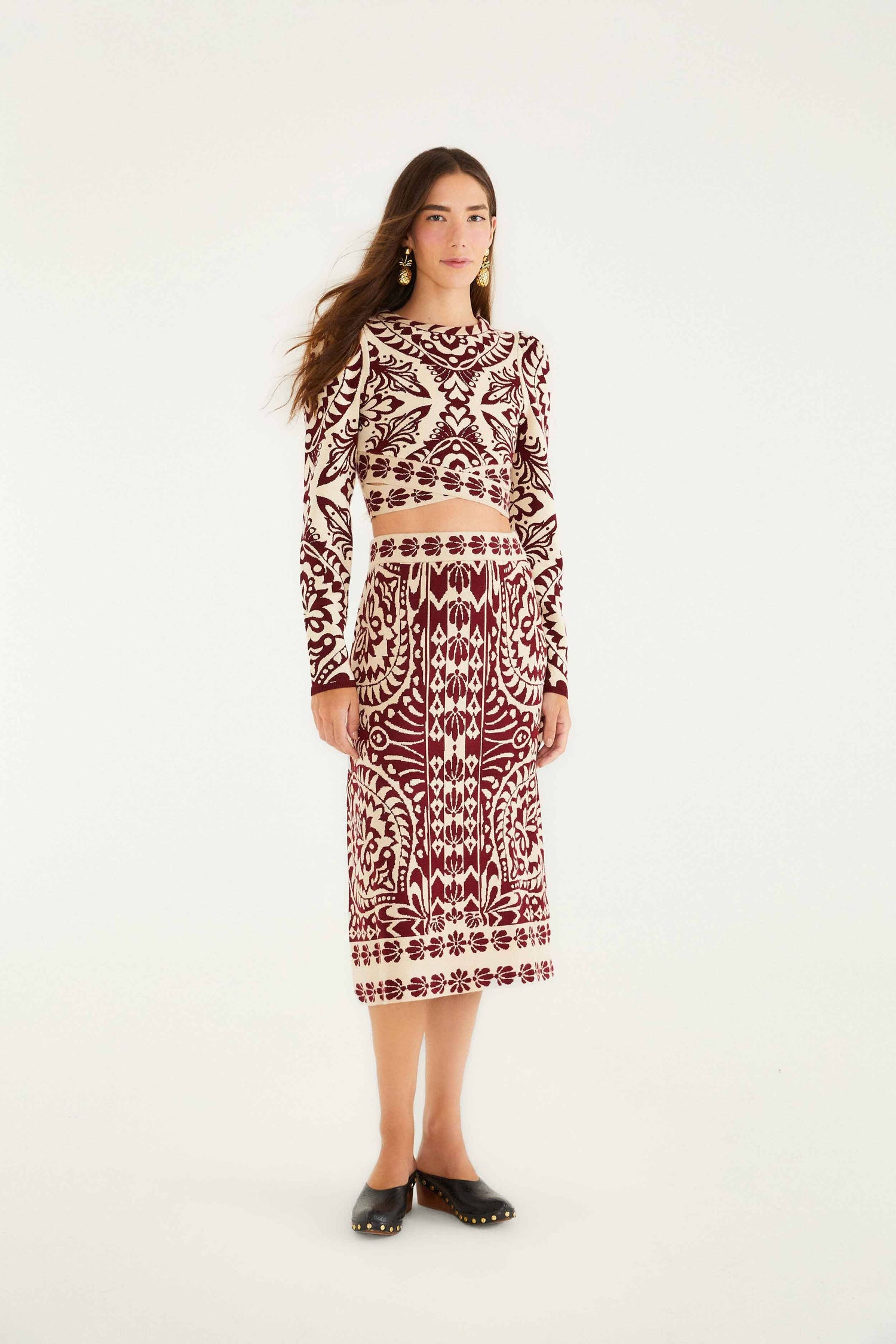 FARM Rio model wearing the Pineapple Love Knit Midi Skirt