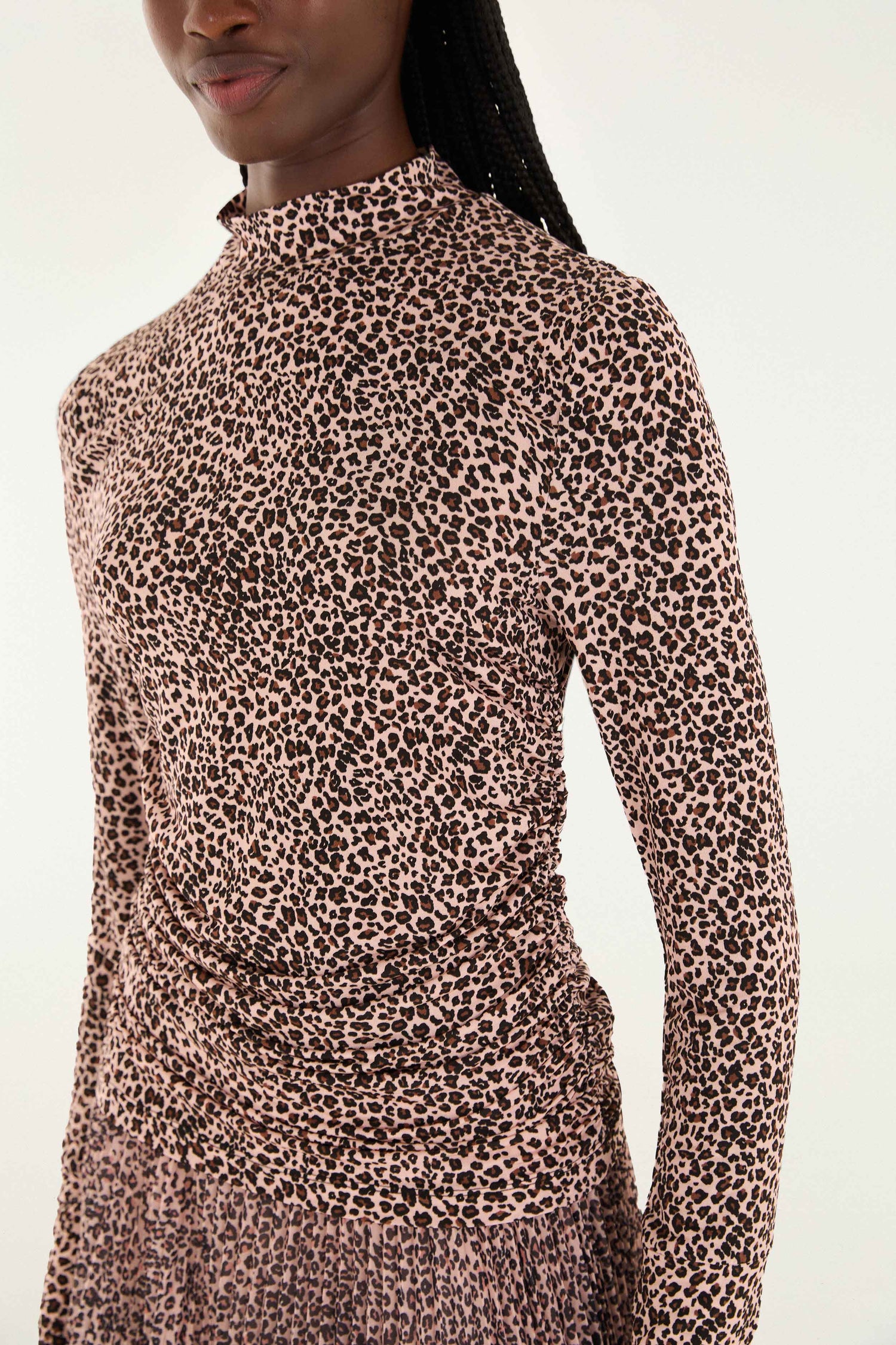 FARM Rio model wearing the Pink Baby Leopard Jersey Blouse