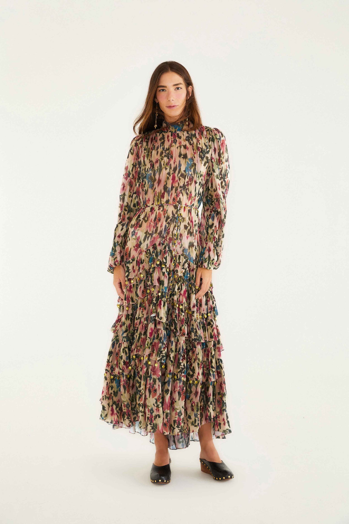 FARM Rio model wearing the Pink Blurred Tiny Flowers Long Sleeve Maxi Dress