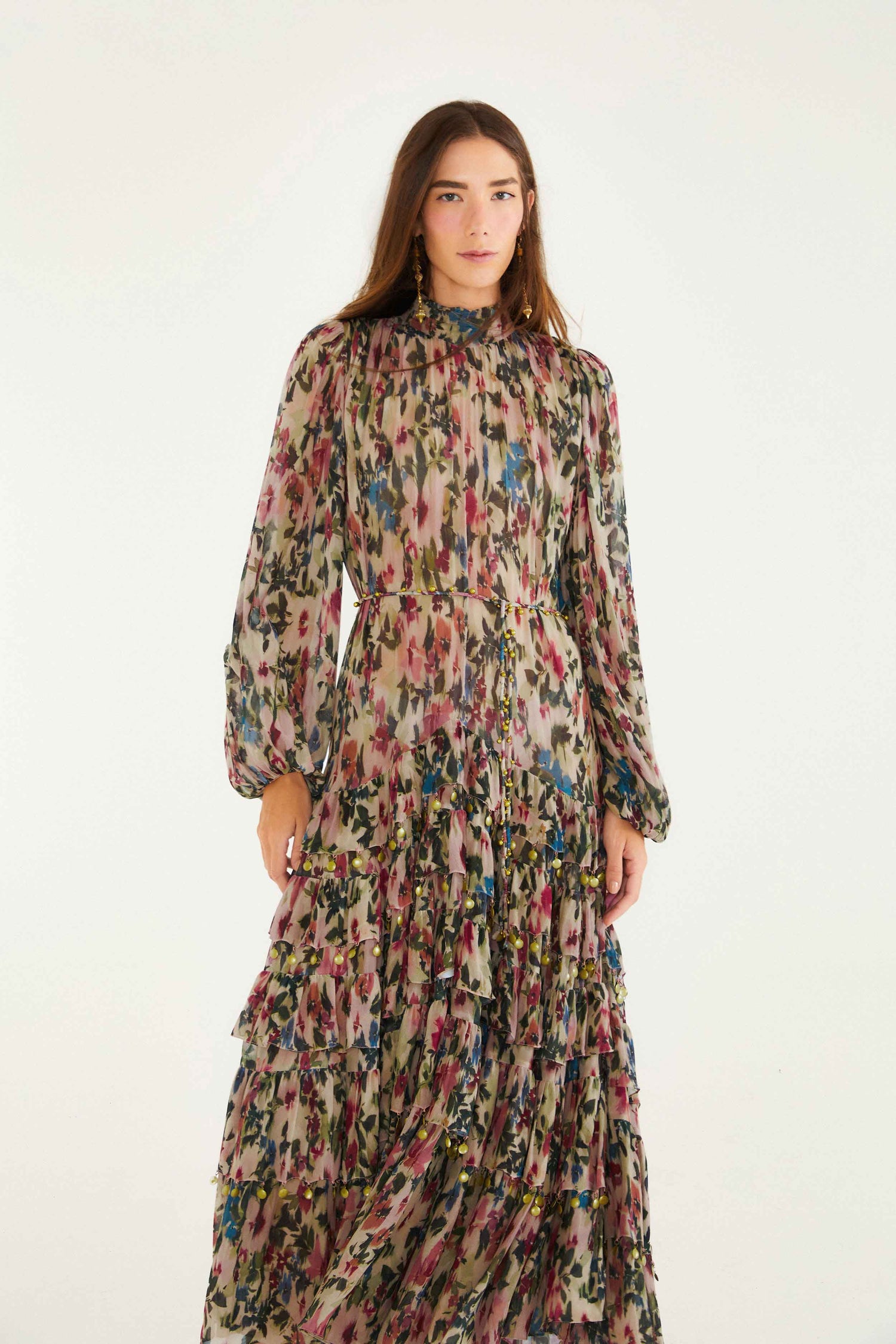 FARM Rio model wearing the Pink Blurred Tiny Flowers Long Sleeve Maxi Dress