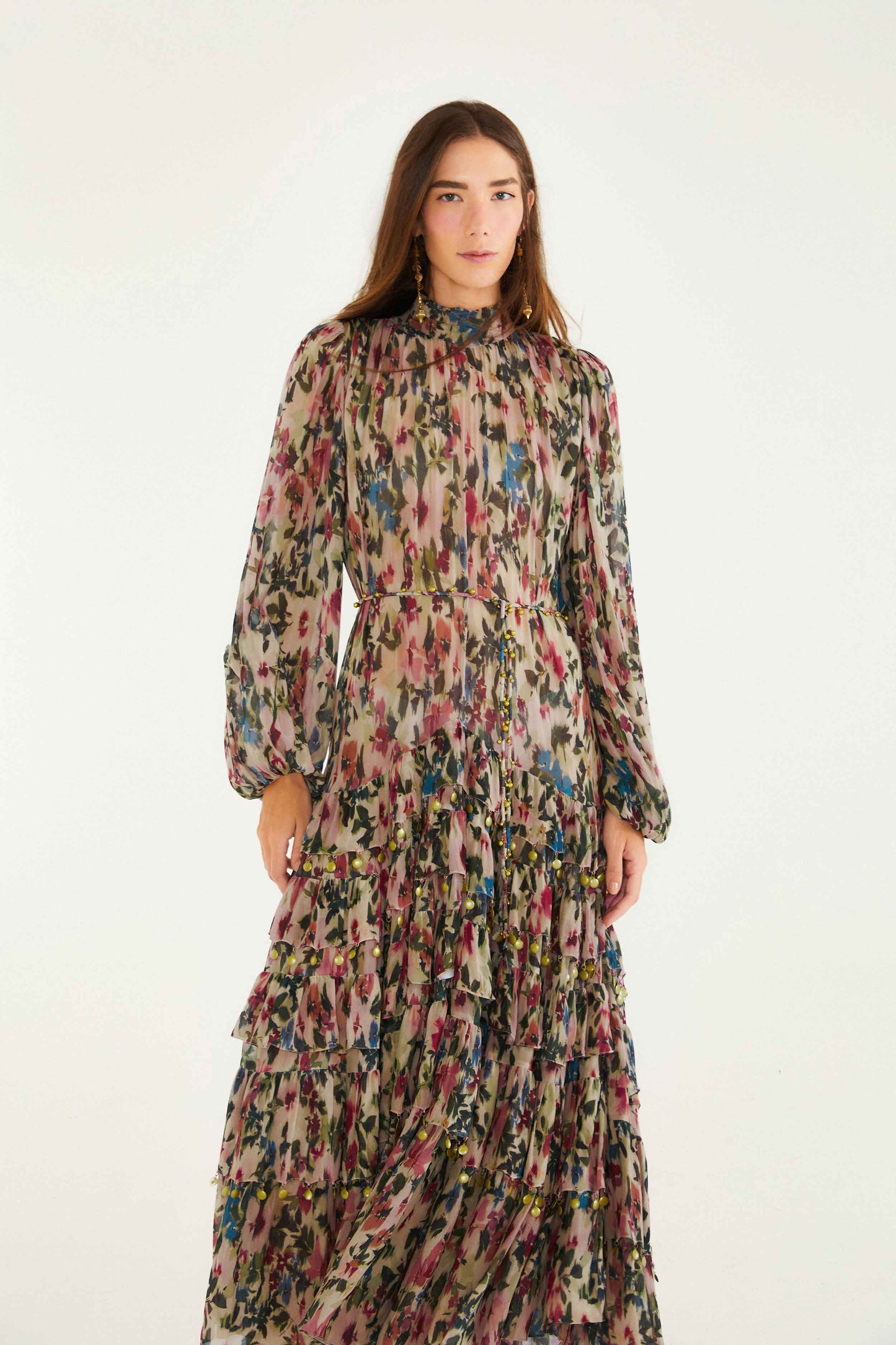 FARM Rio model wearing the Pink Blurred Tiny Flowers Long Sleeve Maxi Dress