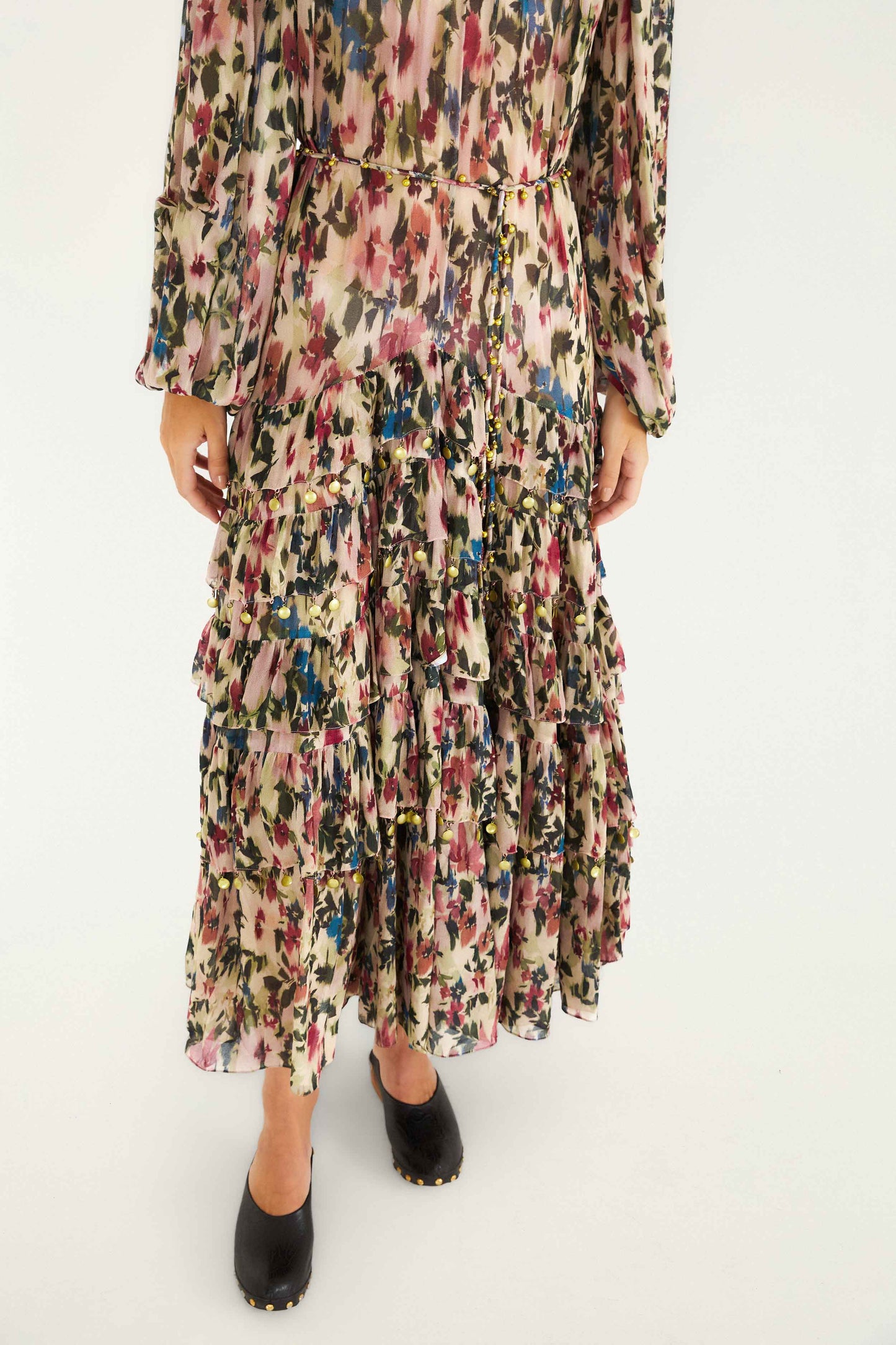 FARM Rio model wearing the Pink Blurred Tiny Flowers Long Sleeve Maxi Dress