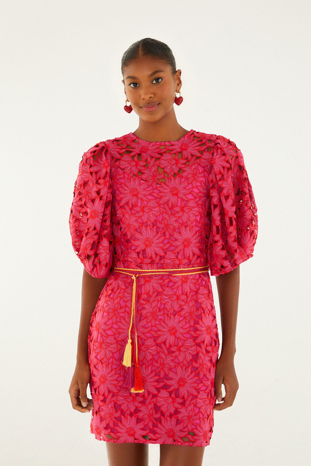 FARM Rio model wearing the Pink Flowered Lace Puff Sleeve Lined Mini Dress