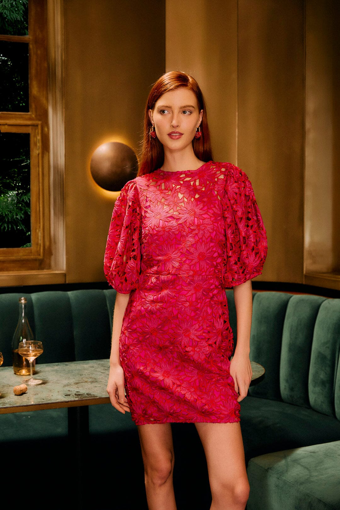 FARM Rio model wearing the Pink Flowered Lace Puff Sleeve Lined Mini Dress