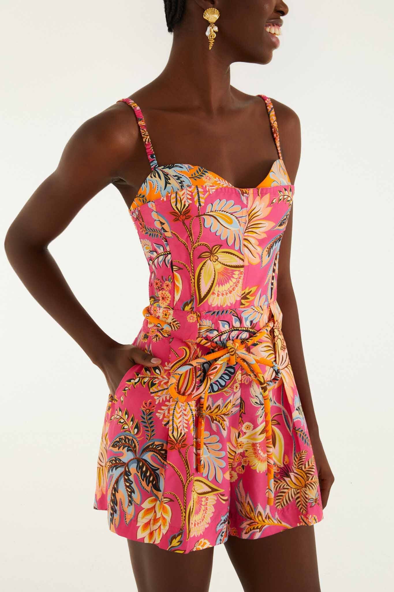 Pink Ligia Floral Drawstring Organic Cotton Romper