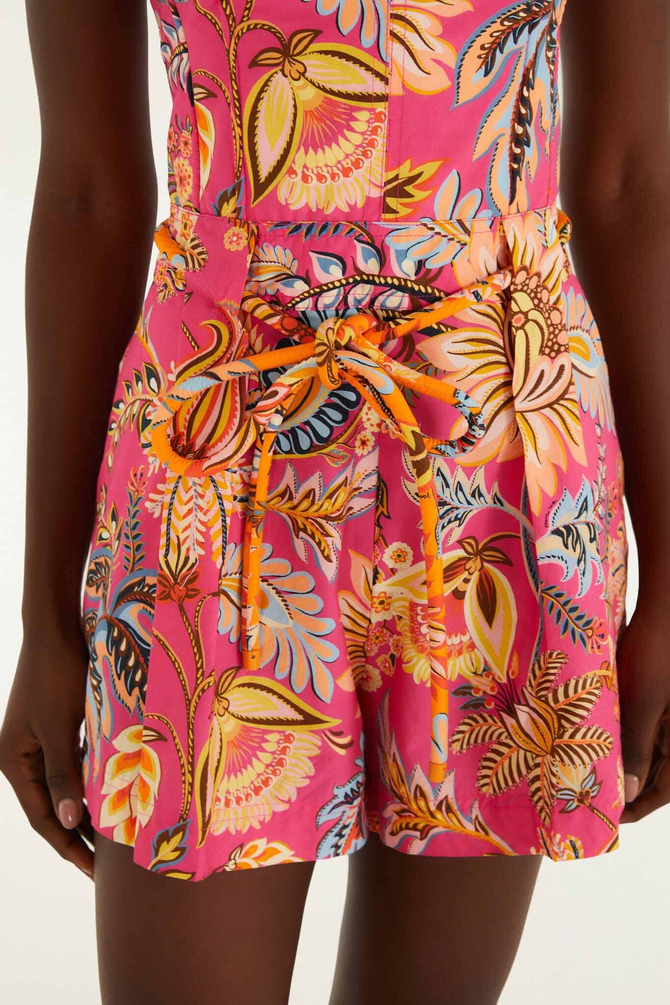 Pink Ligia Floral Drawstring Organic Cotton Romper