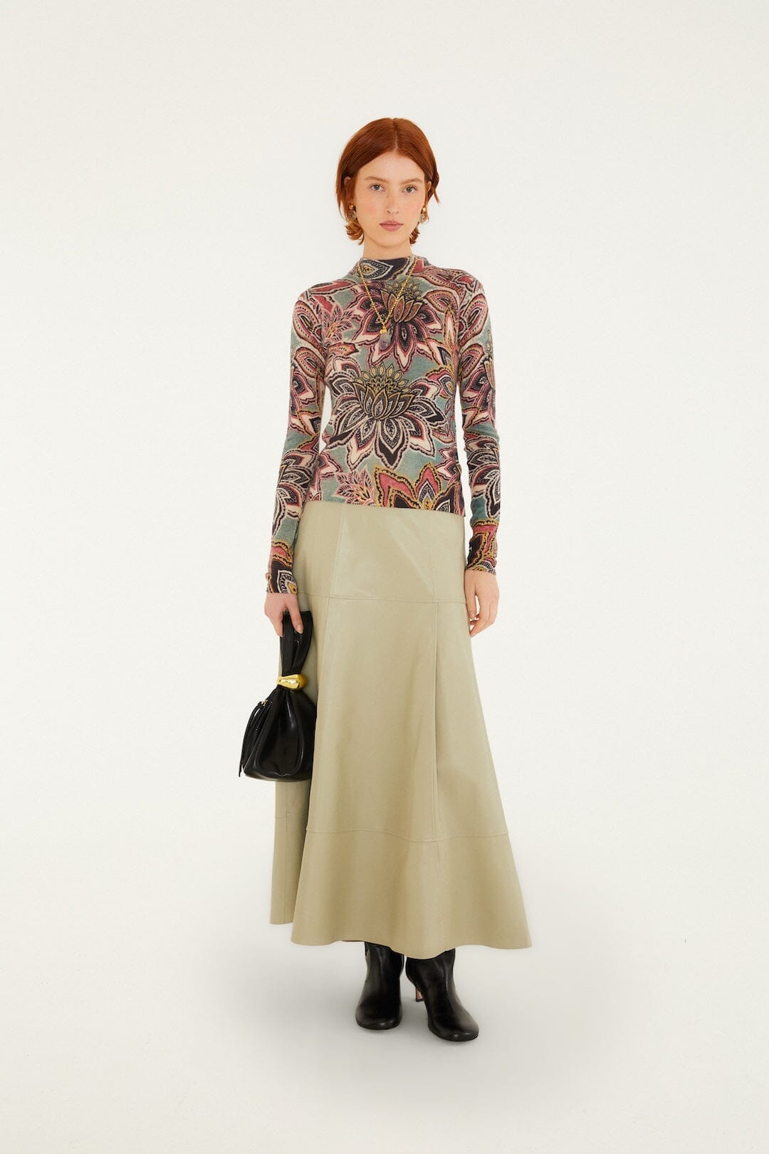 Pleats Leather Midi Skirt
